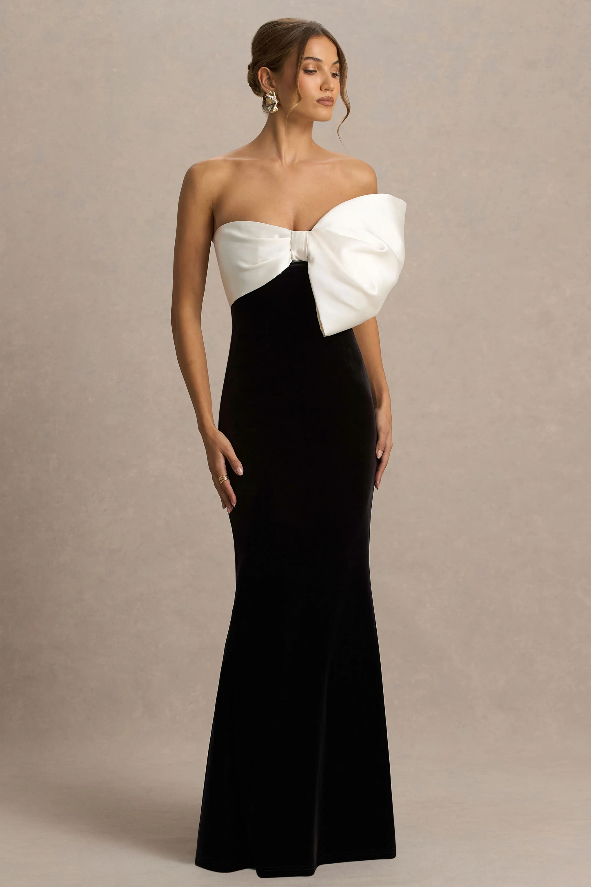 Divulge | Black And White Velvet Asymmetric-Neck Maxi Dress With Bow Detail - Image 4