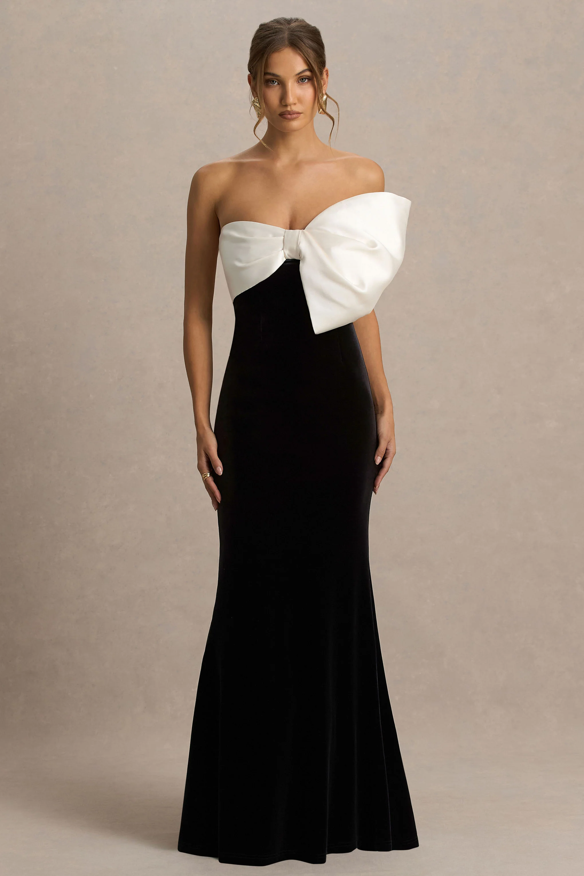 Divulge | Black And White Velvet Asymmetric-Neck Maxi Dress With Bow Detail - Image 5