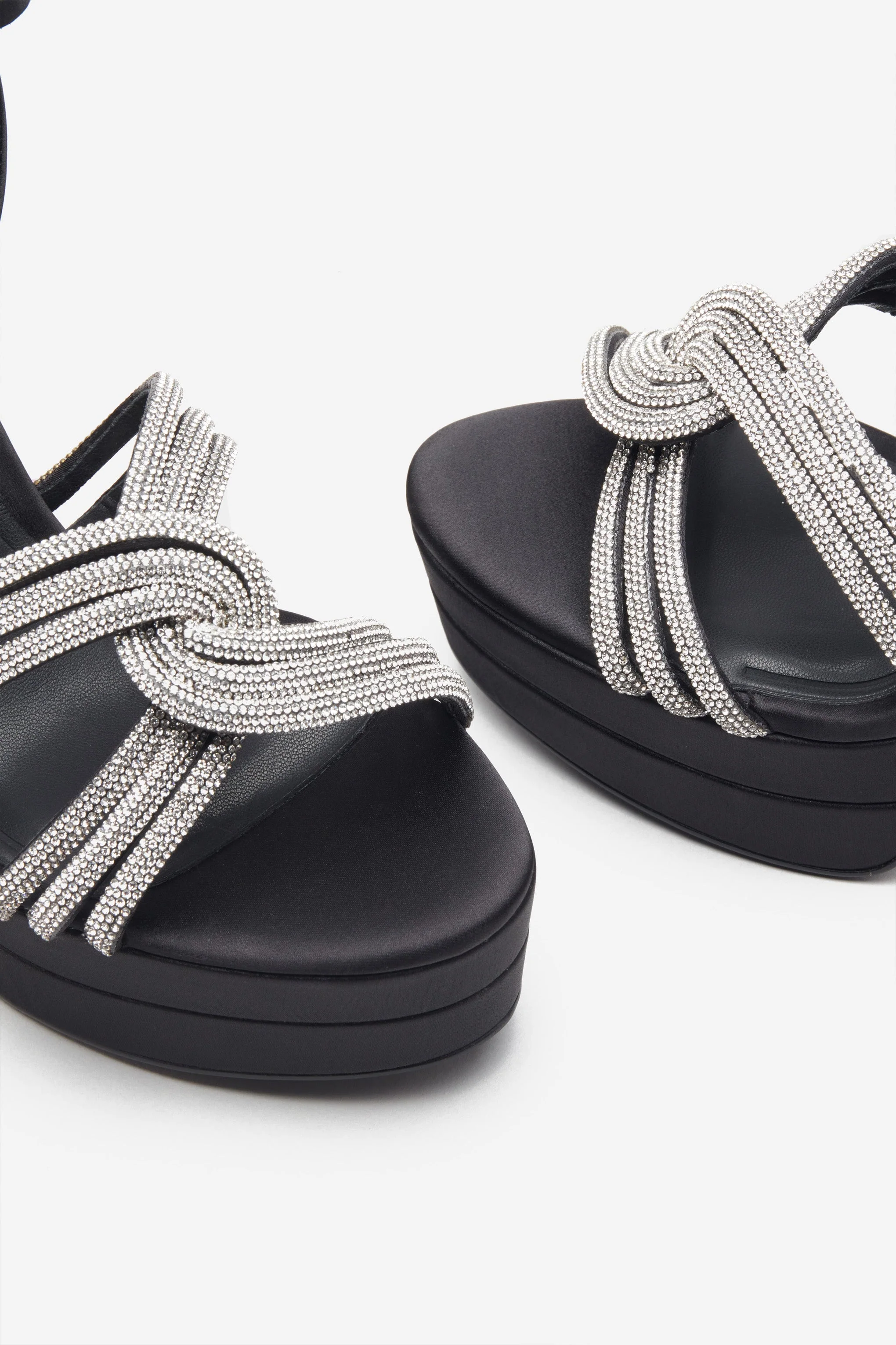 Doll Drama | Black Satin Diamante Strappy Platform Heels - Image 4