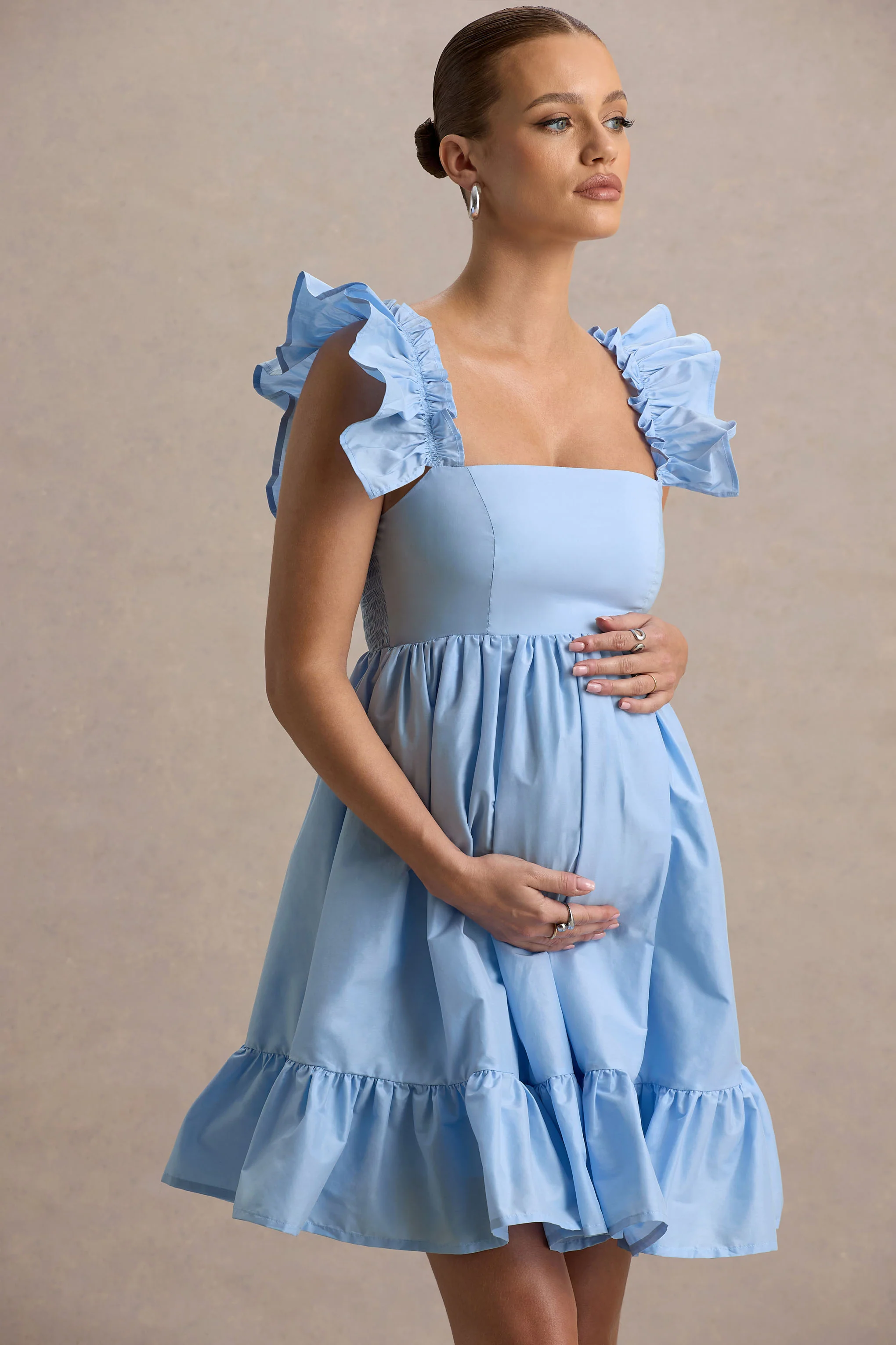 Dolly Daze | Powder Blue Ruffle Sleeve Babydoll Maternity Mini Dress - Image 3
