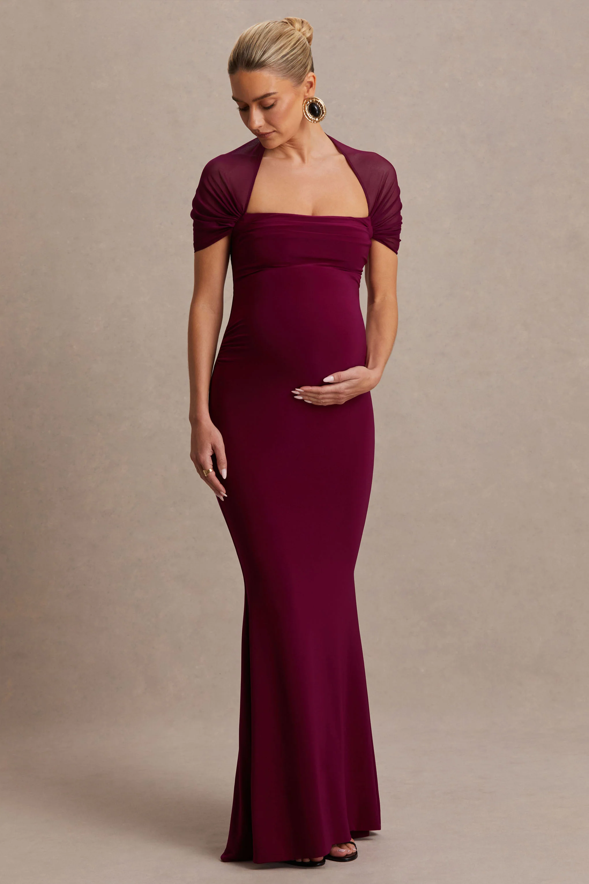 Dome | Burgundy Square-Neck Mesh-Sleeve Maternity Maxi Dress - Image 4
