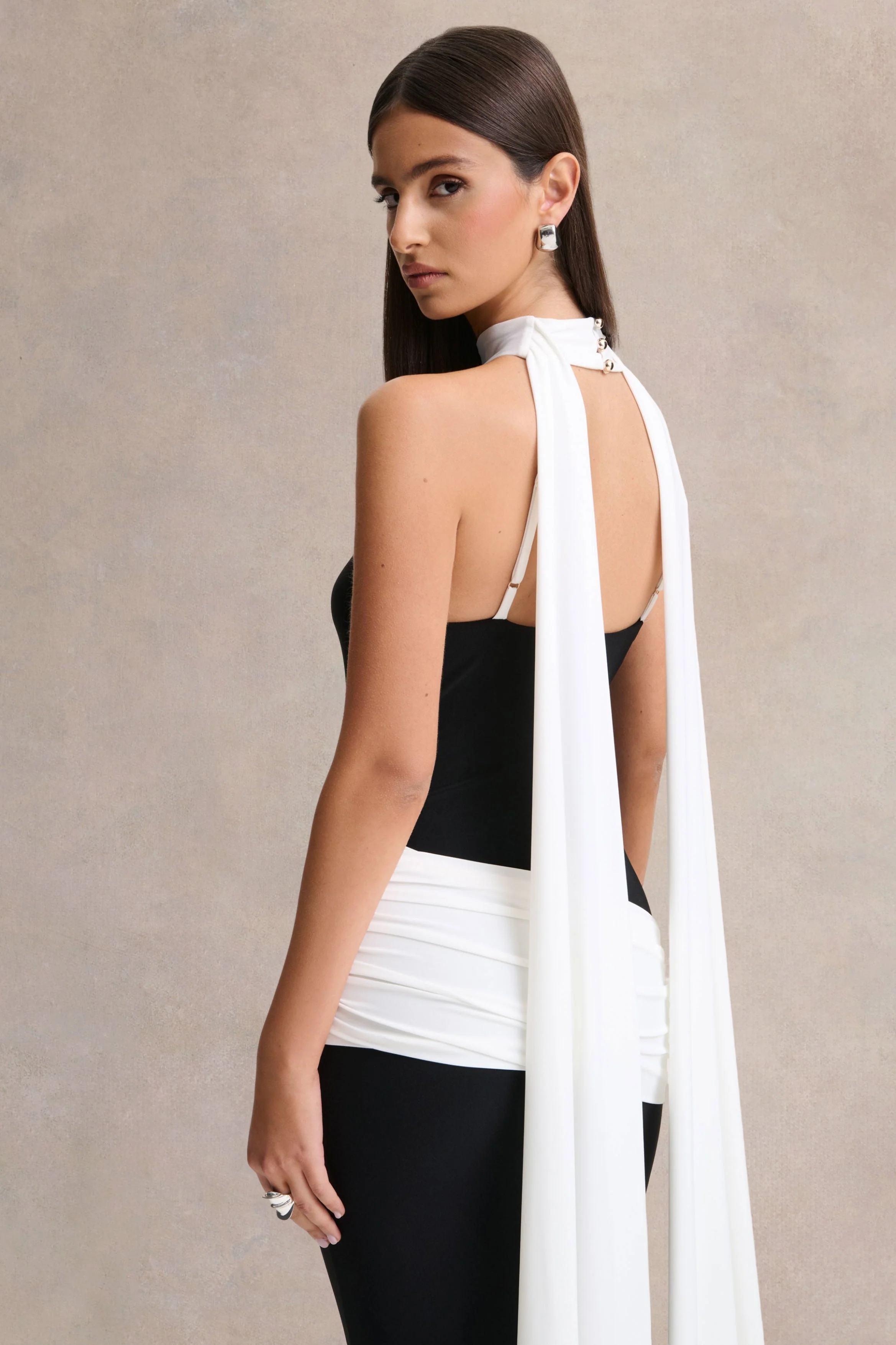 Dorinda | Black And White High-Neck Maxi Dress With Drape And Scarf-Detail - Image 5