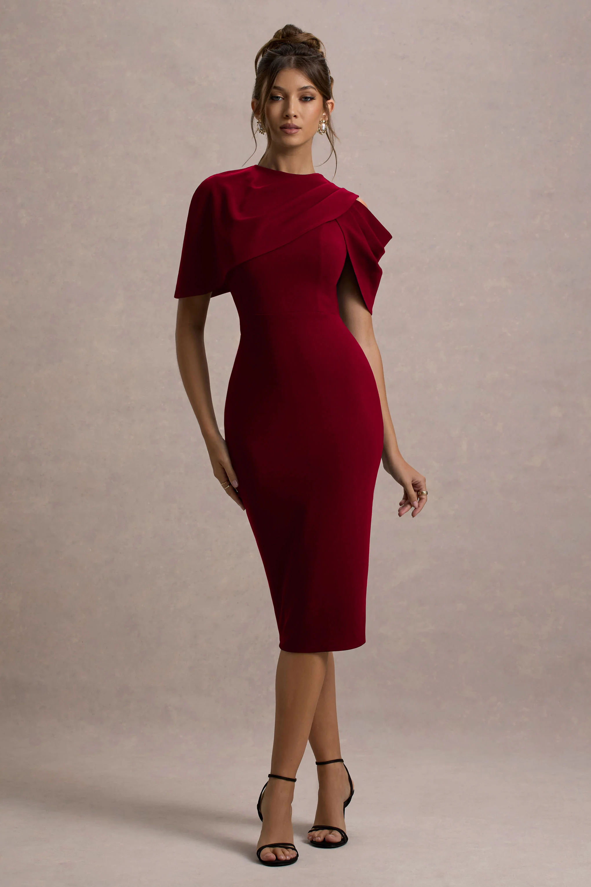 Dorothea | Berry Draped Midi Dress With Cape - Image 4