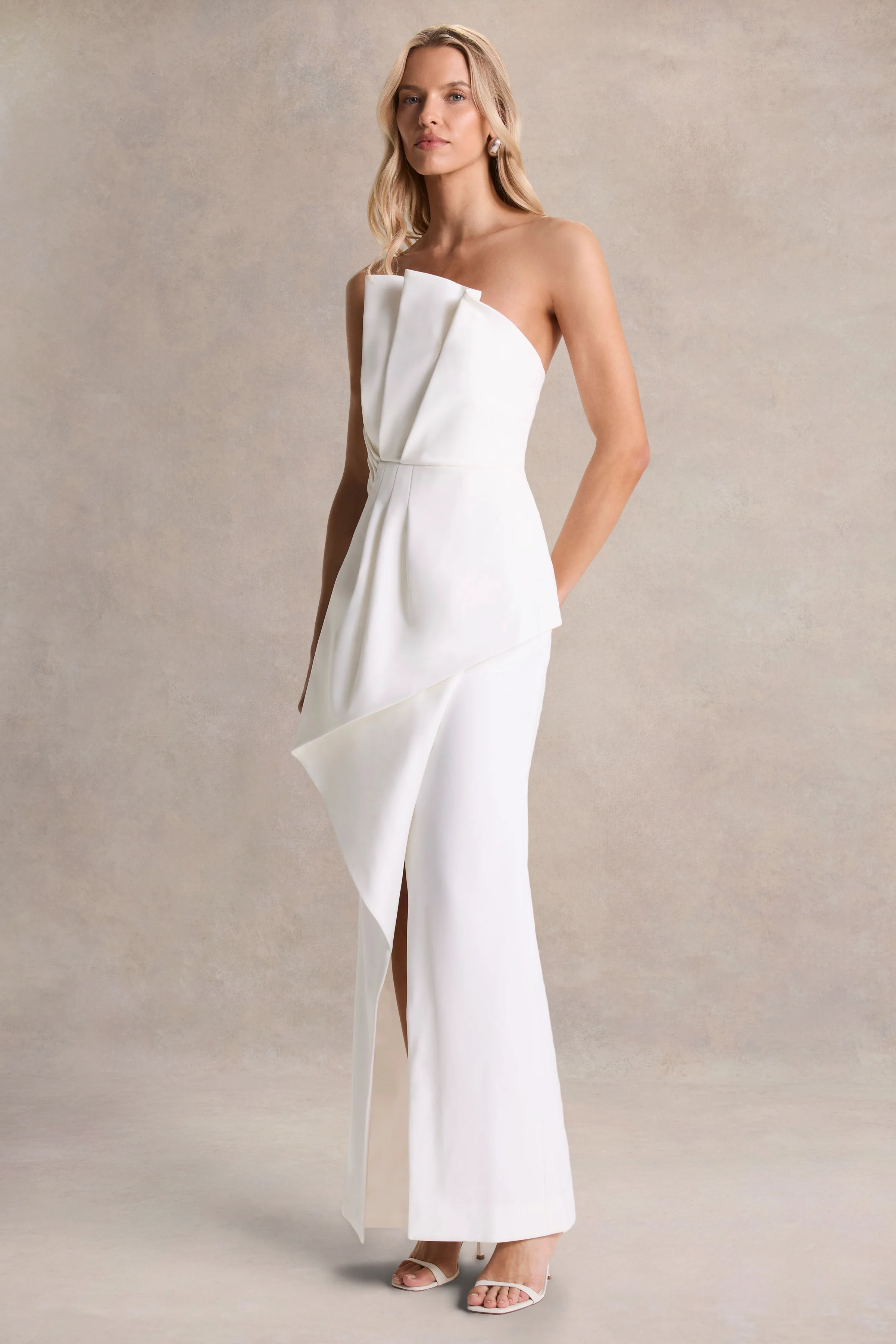 Dreamy Whispers | Cream Strapless Ruffle Split Maxi Dress - Image 4