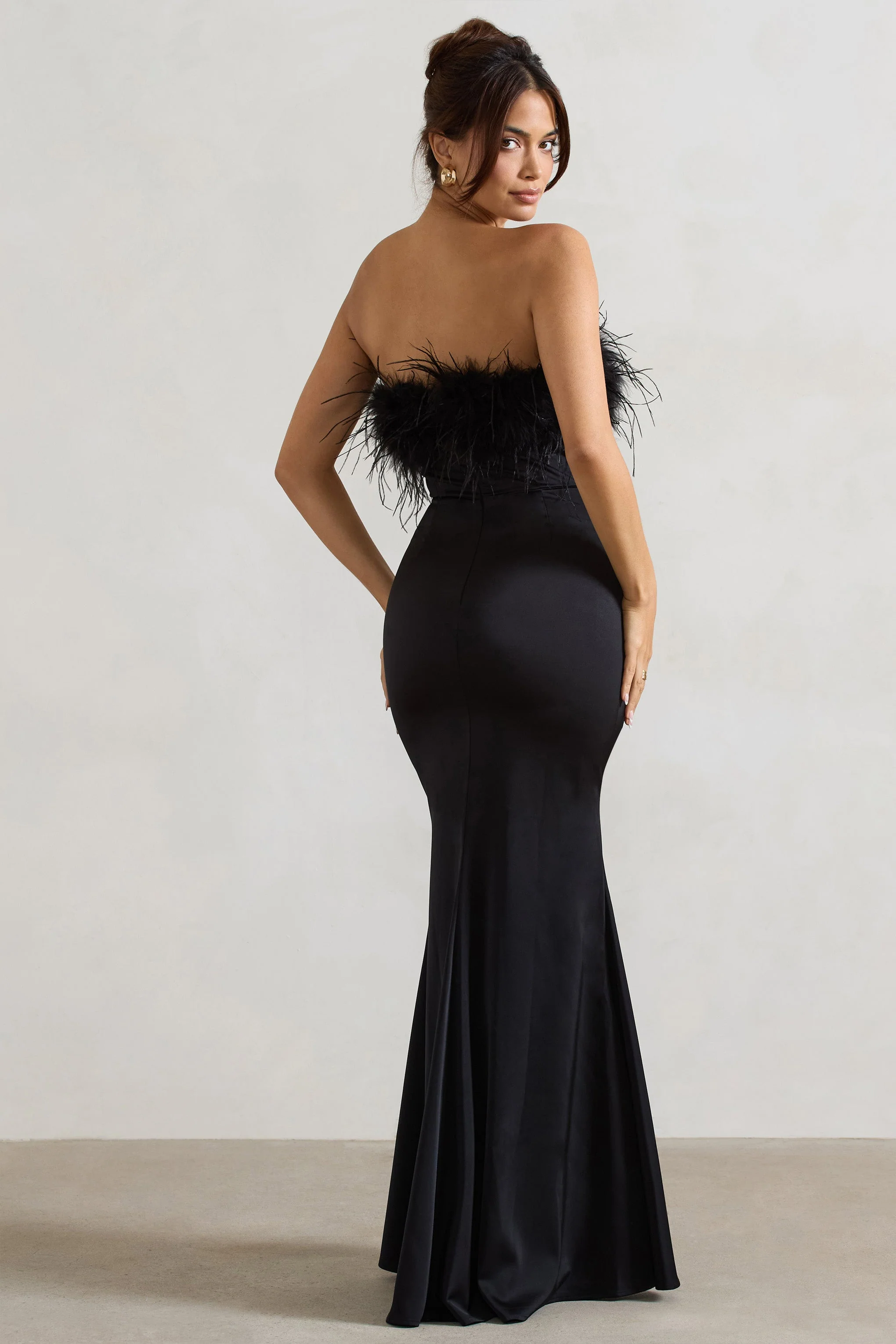 Dress For It | Black Satin Feather Trim Bandeau Maxi Dress - Image 2
