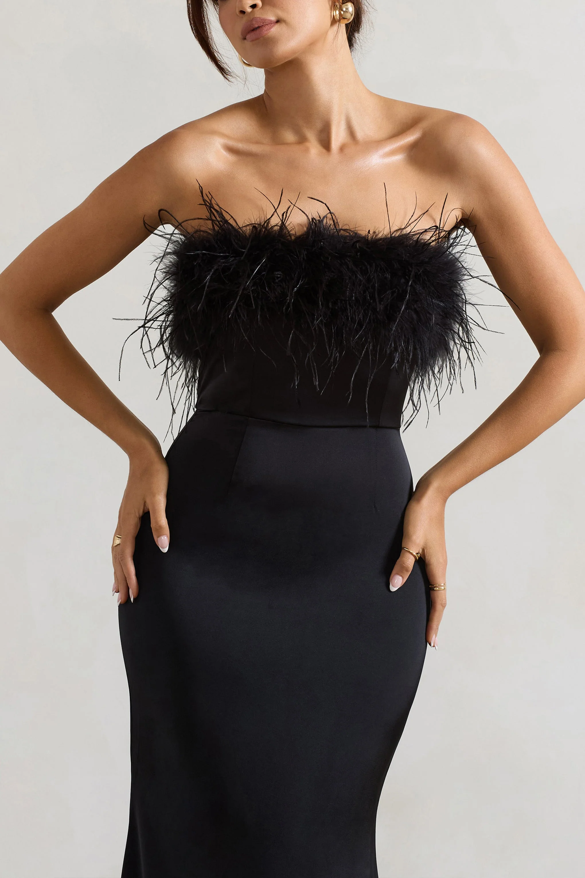 Dress For It | Black Satin Feather Trim Bandeau Maxi Dress - Image 3