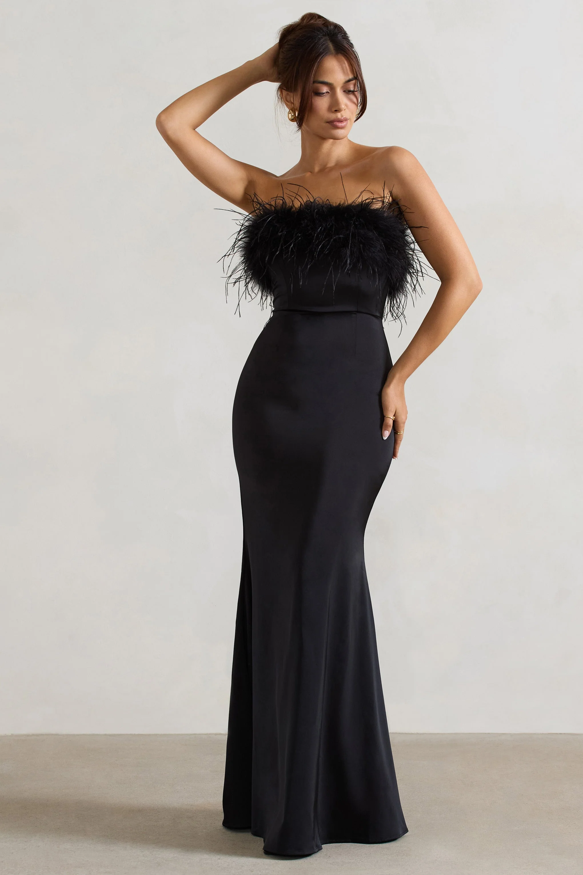 Dress For It | Black Satin Feather Trim Bandeau Maxi Dress - Image 4