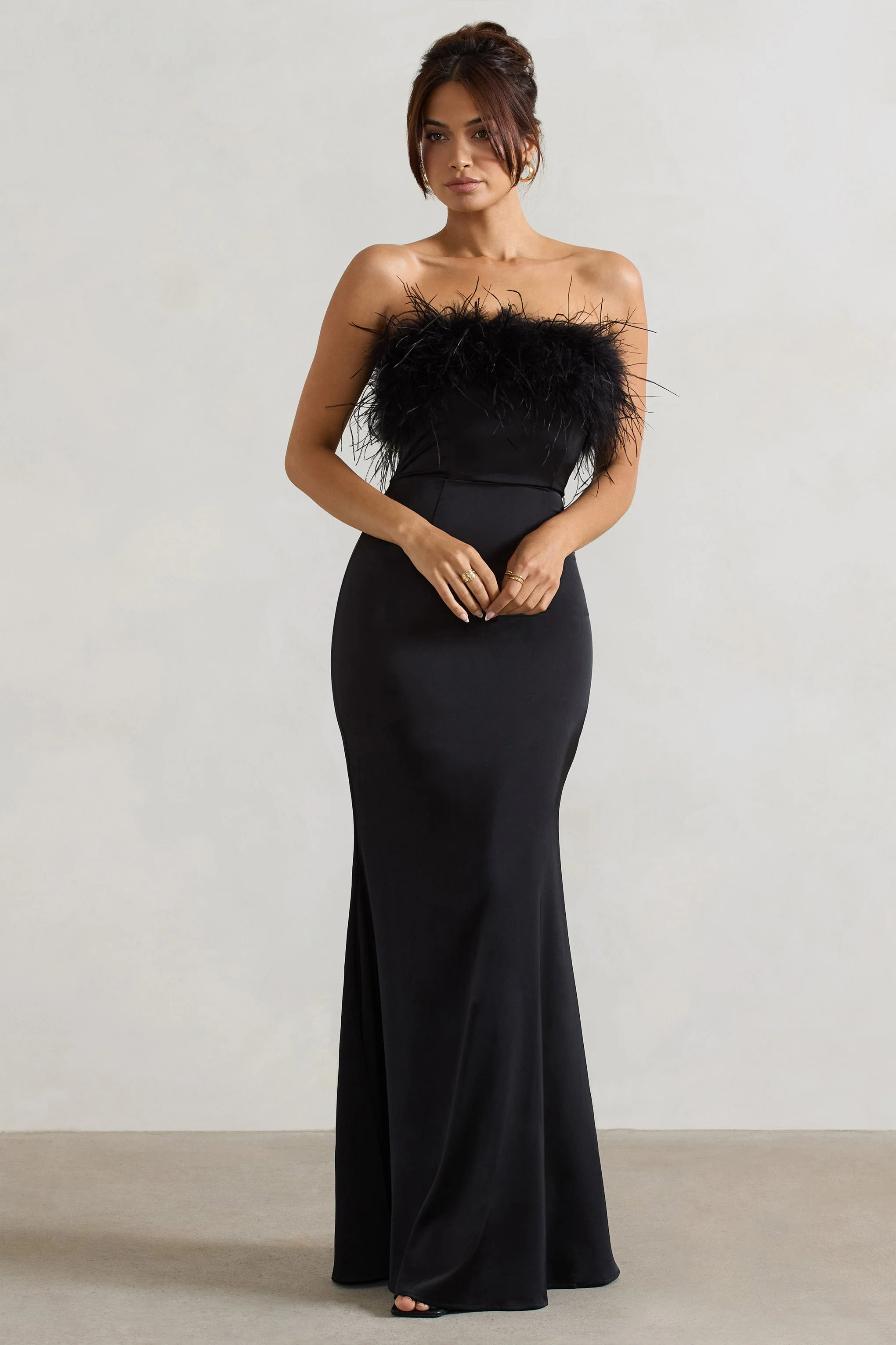 Dress For It | Black Satin Feather Trim Bandeau Maxi Dress - Image 5