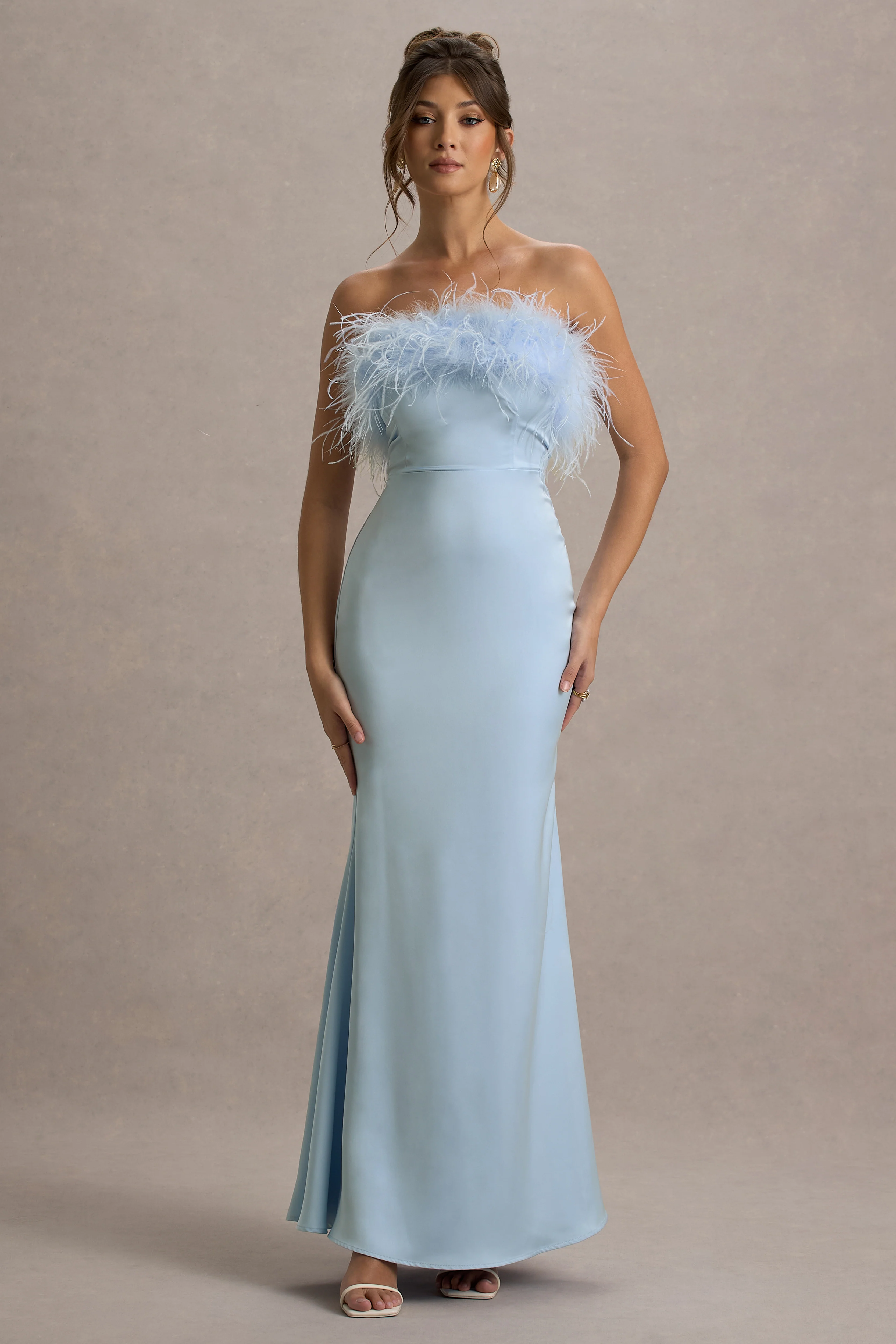 Dress For It | Powder Blue Satin Feather Trim Bandeau Maxi Dress - Image 6