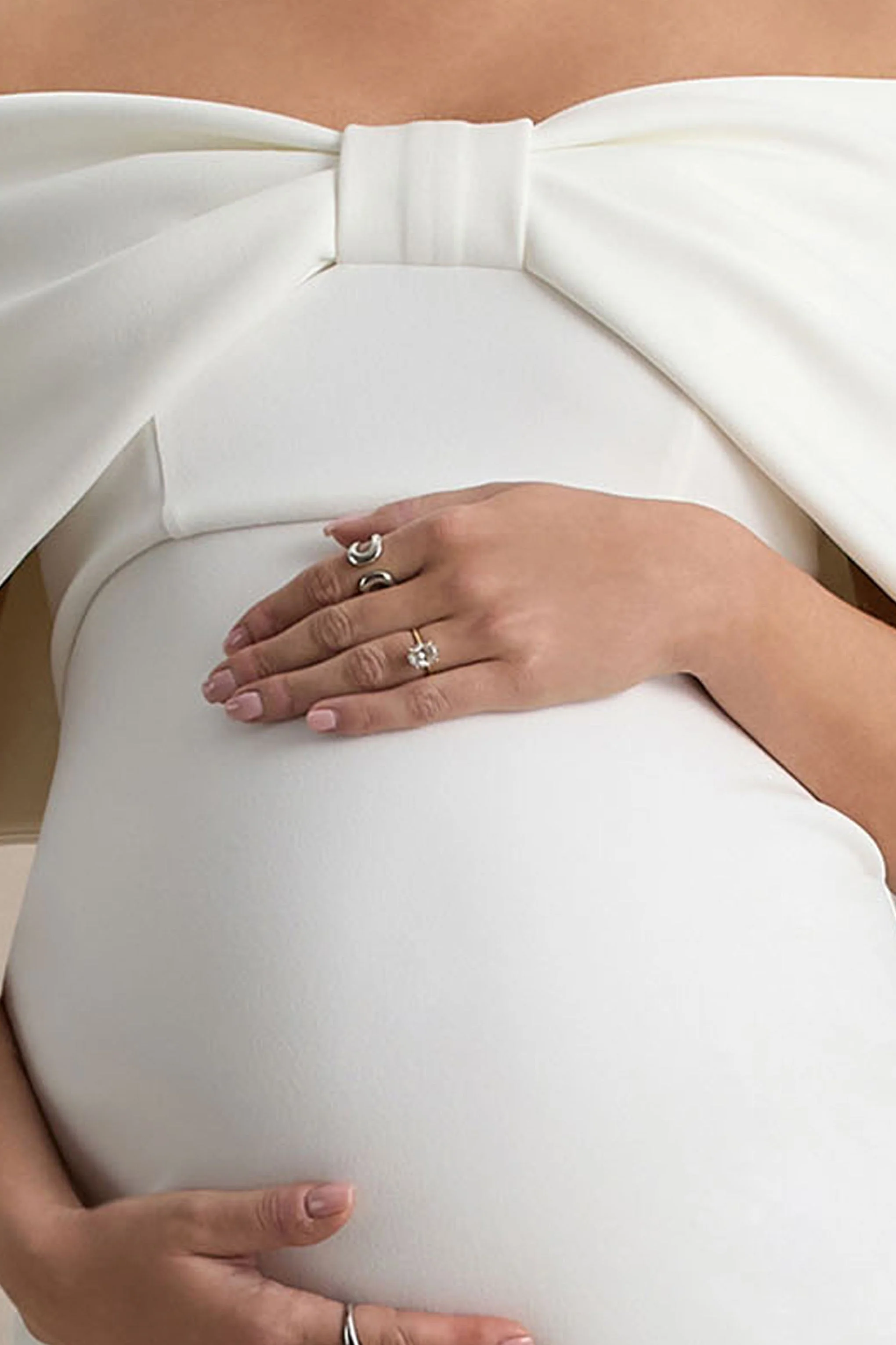 Droplet | White Bow Bardot Maternity Midi Dress - Image 6