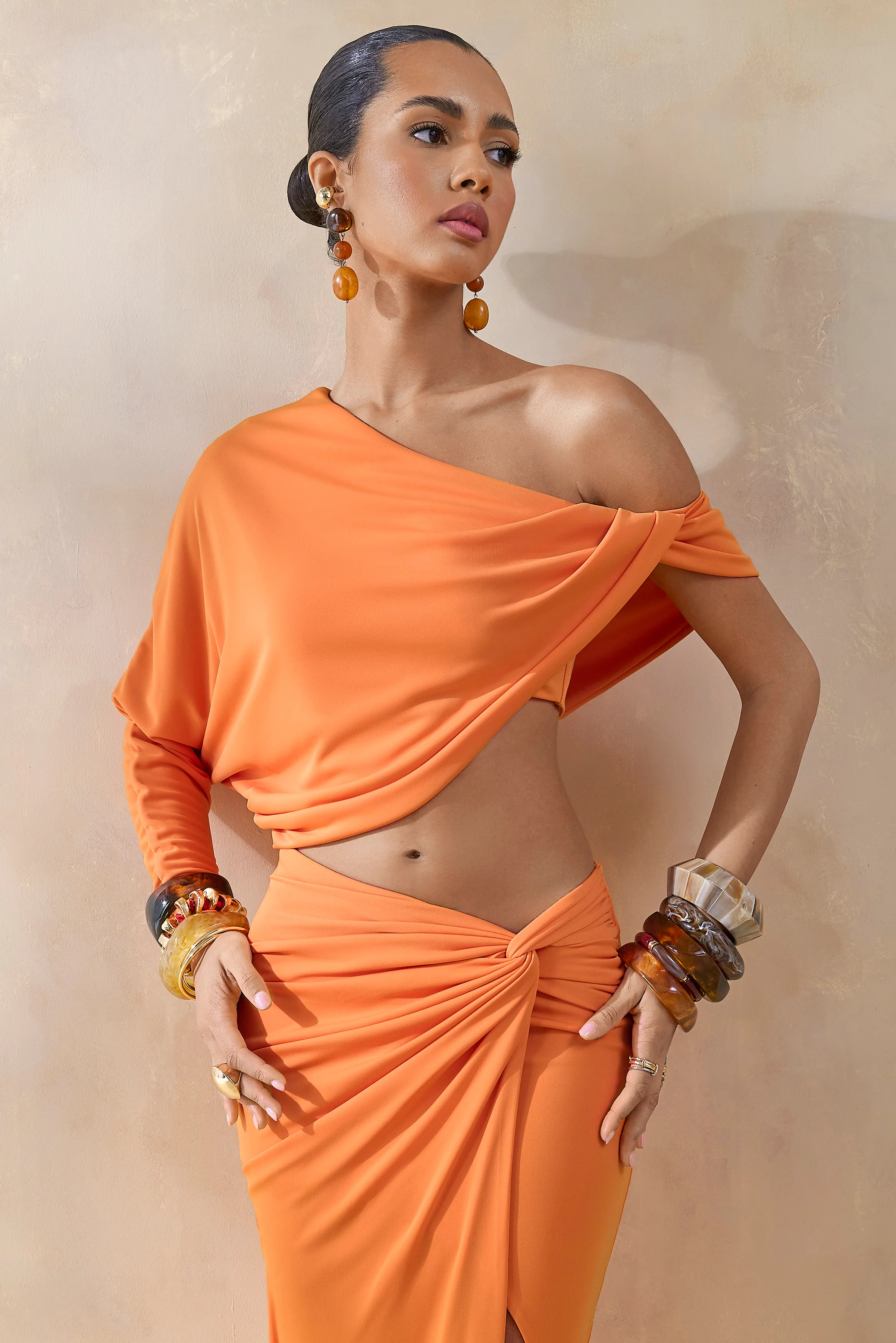 Dua | Orange Asymmetric One-Sleeve Draped Top - Image 3