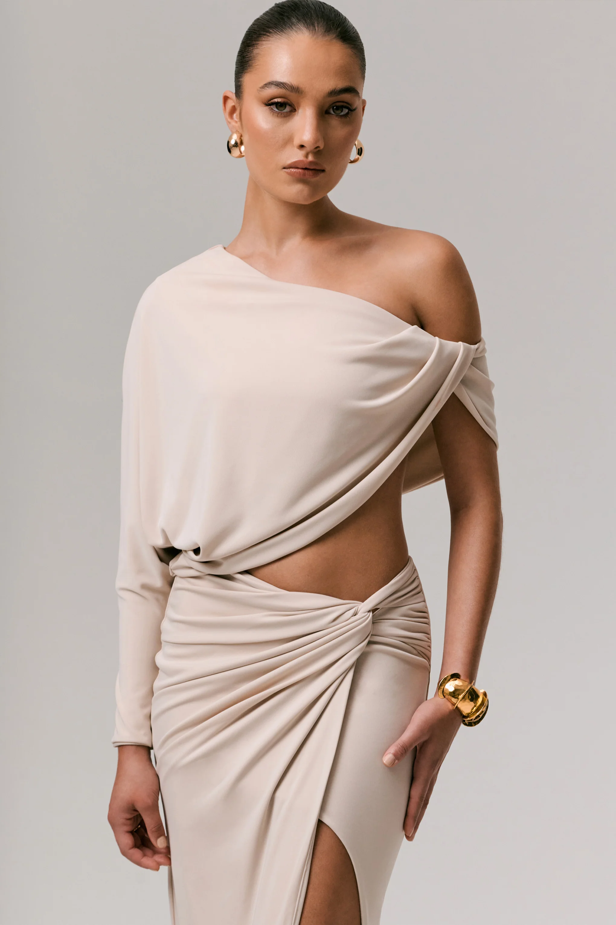 Dua | Stone Asymmetric One-Sleeve Draped Top - Image 4