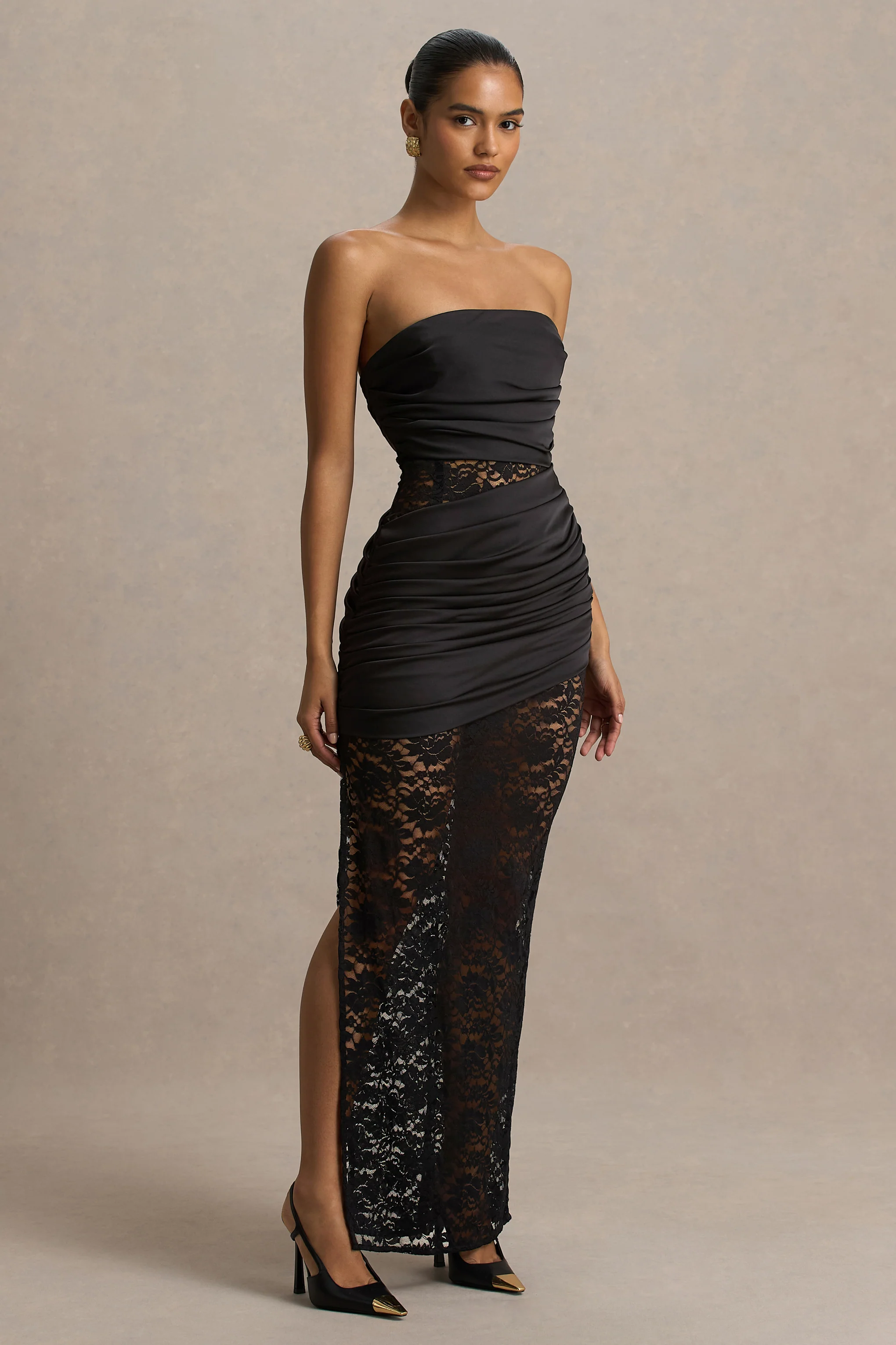 Dulcie | Black Lace And Satin Bandeau Midaxi Dress With Wrap-Details - Image 5