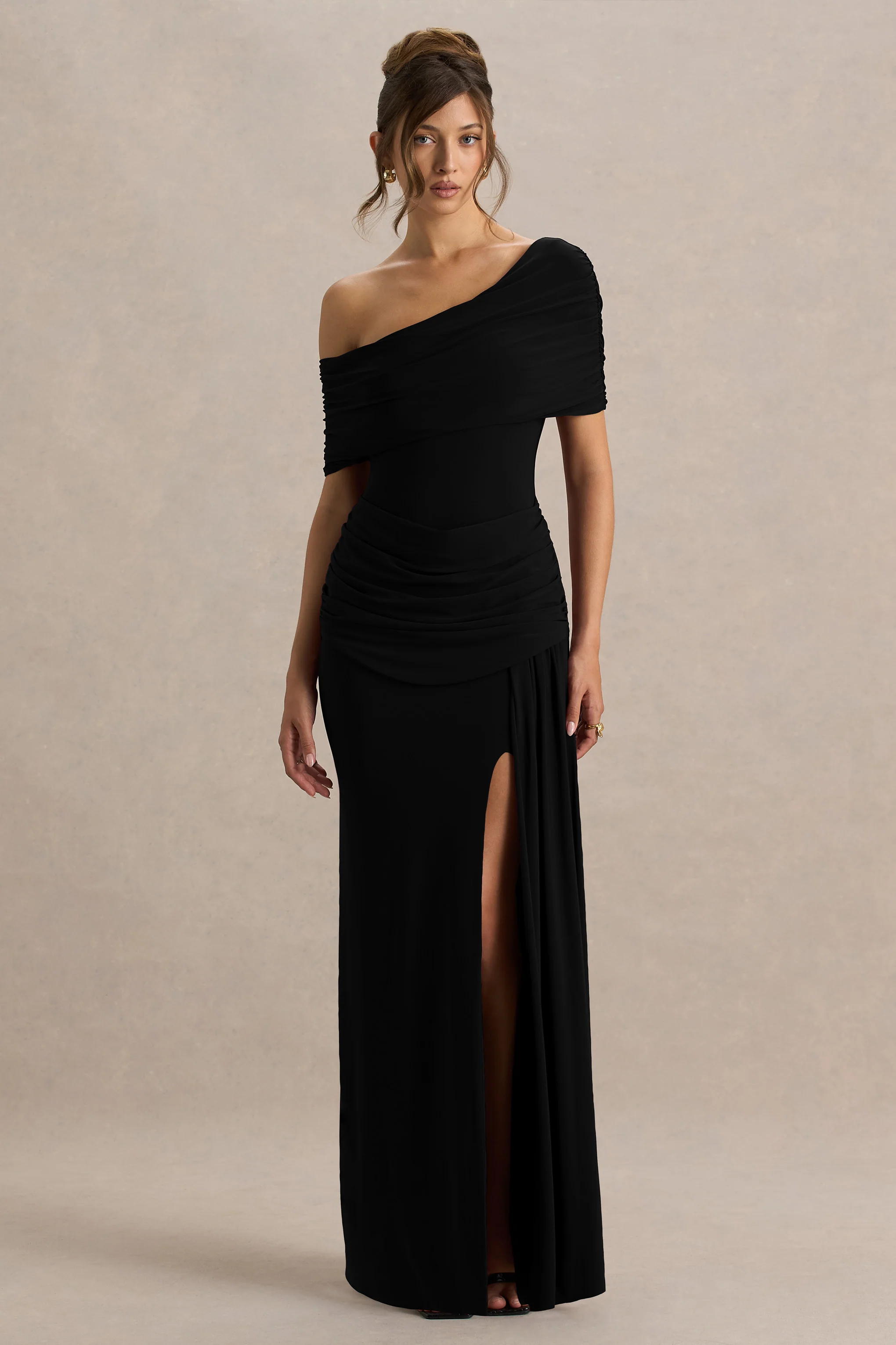 Dynasty | Black Asymmetric-Neck Maxi Dress With Ruched Detailing And Front High-Split - Image 3