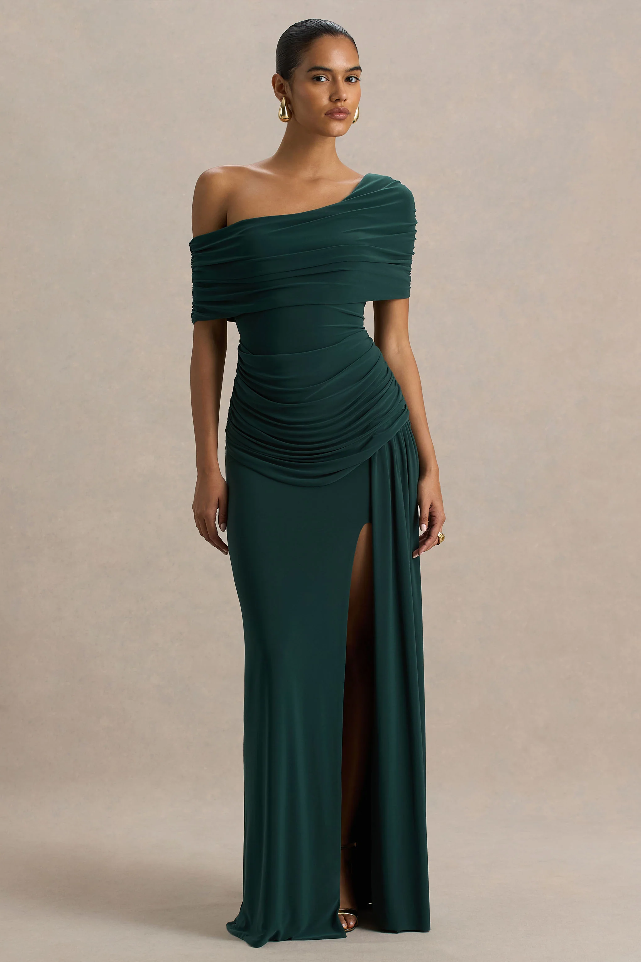 Dynasty | Dark Green Asymmetric-Neck Maxi Dress With Ruched Detailing And Front High-Split - Image 3