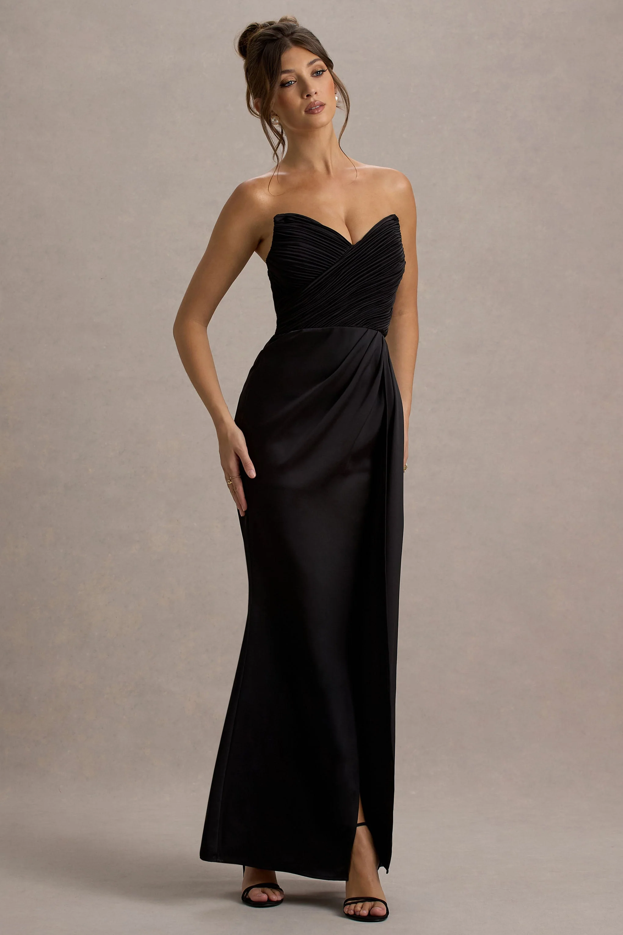 Edel | Black Satin Strapless Maxi Dress With Drape - Image 4