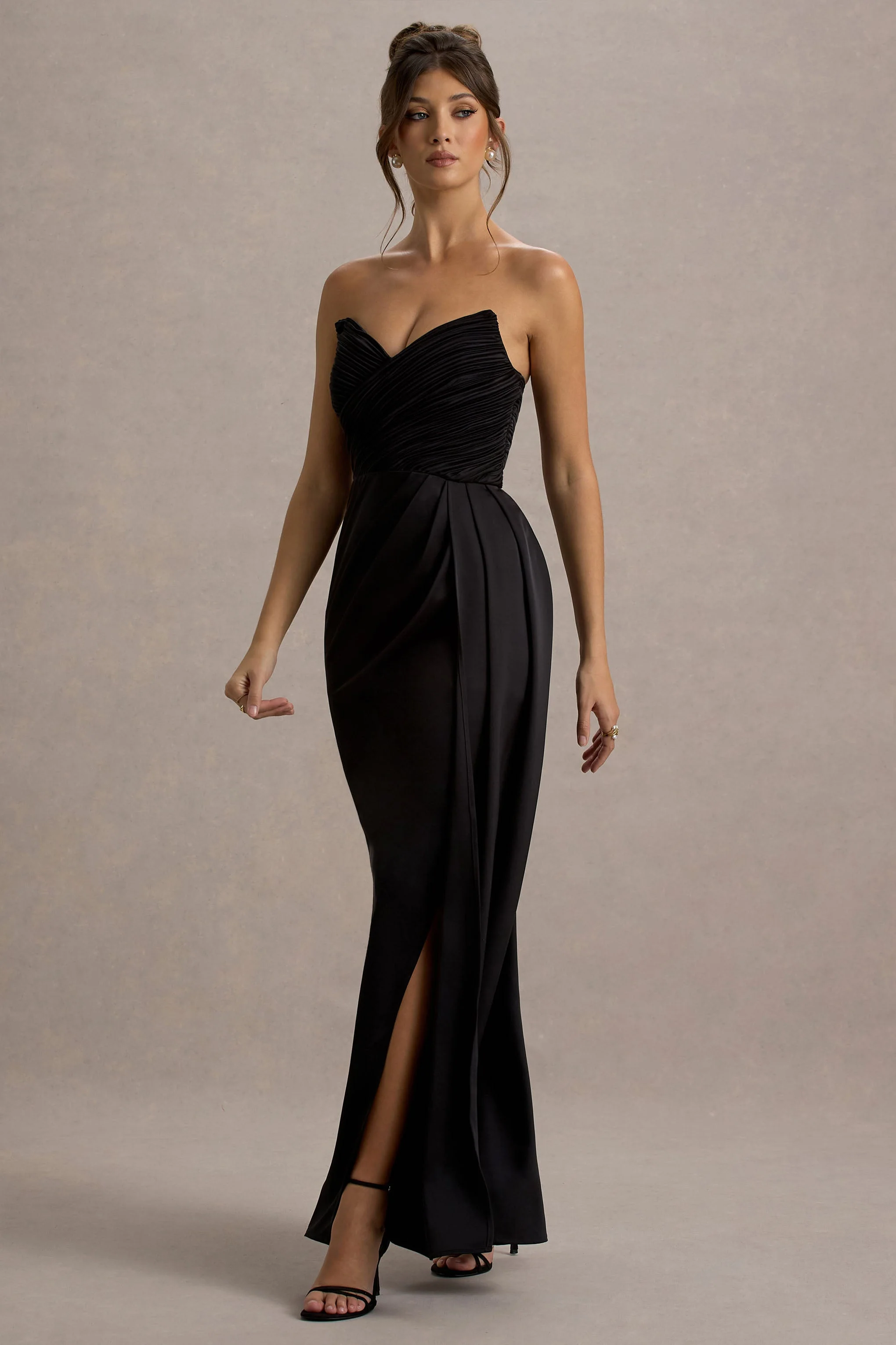 Edel | Black Satin Strapless Maxi Dress With Drape - Image 5