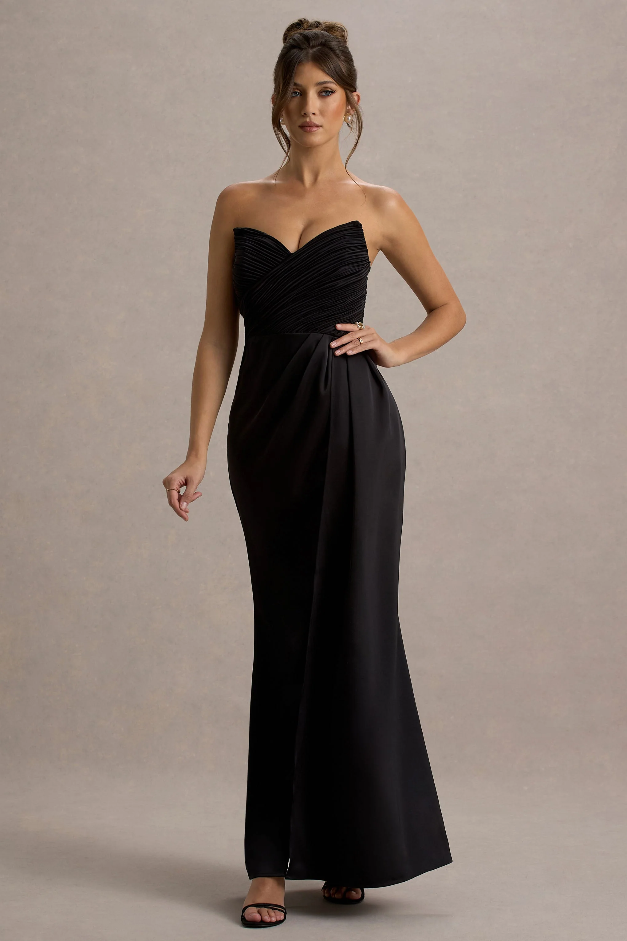 Edel | Black Satin Strapless Maxi Dress With Drape - Image 6
