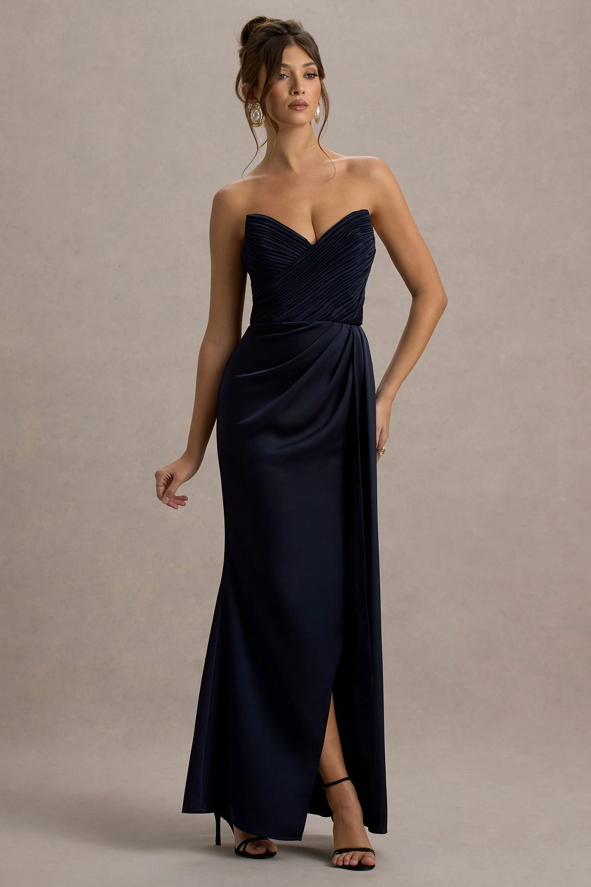 Edel | Navy Satin Strapless Maxi Dress With Drape - Image 4