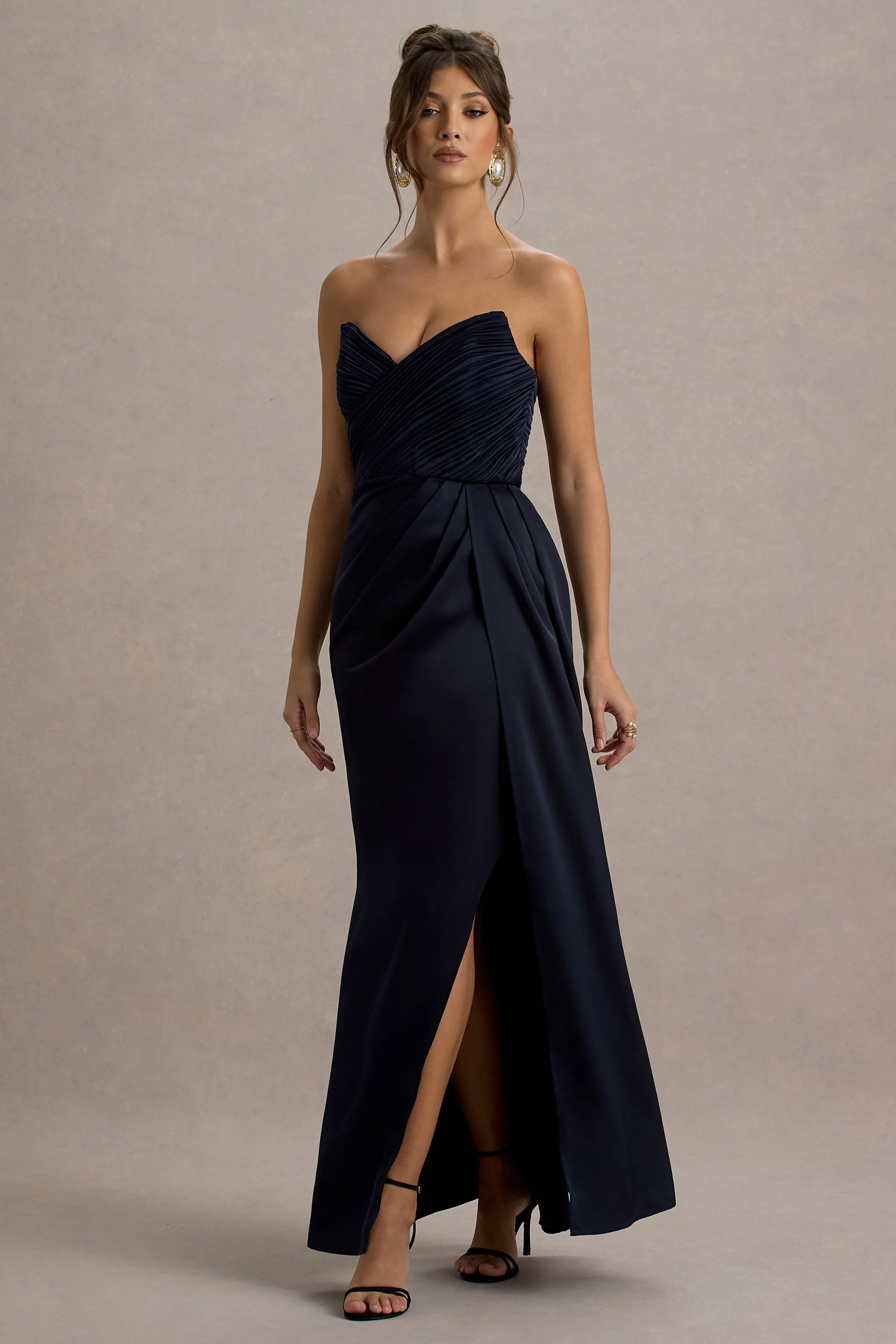 Edel | Navy Satin Strapless Maxi Dress With Drape - Image 5