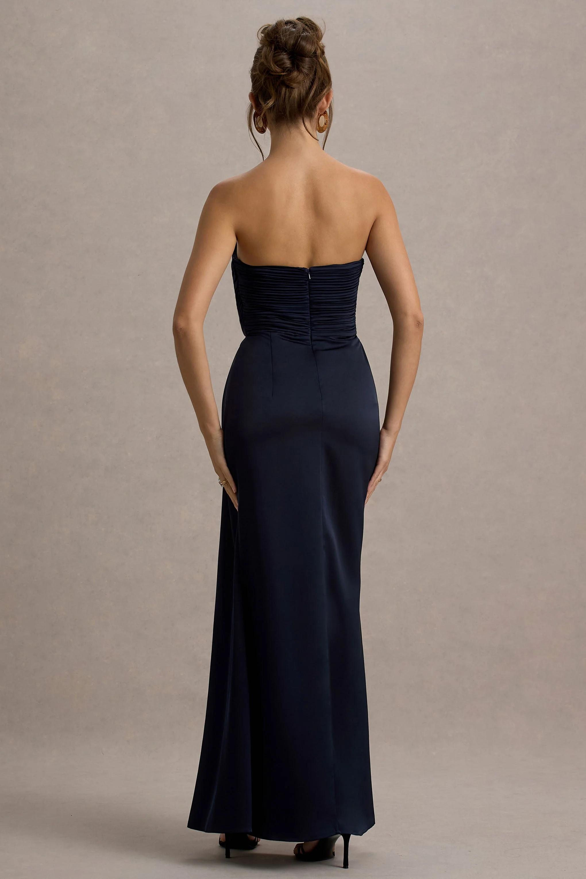 Edel | Navy Satin Strapless Maxi Dress With Drape - Image 6