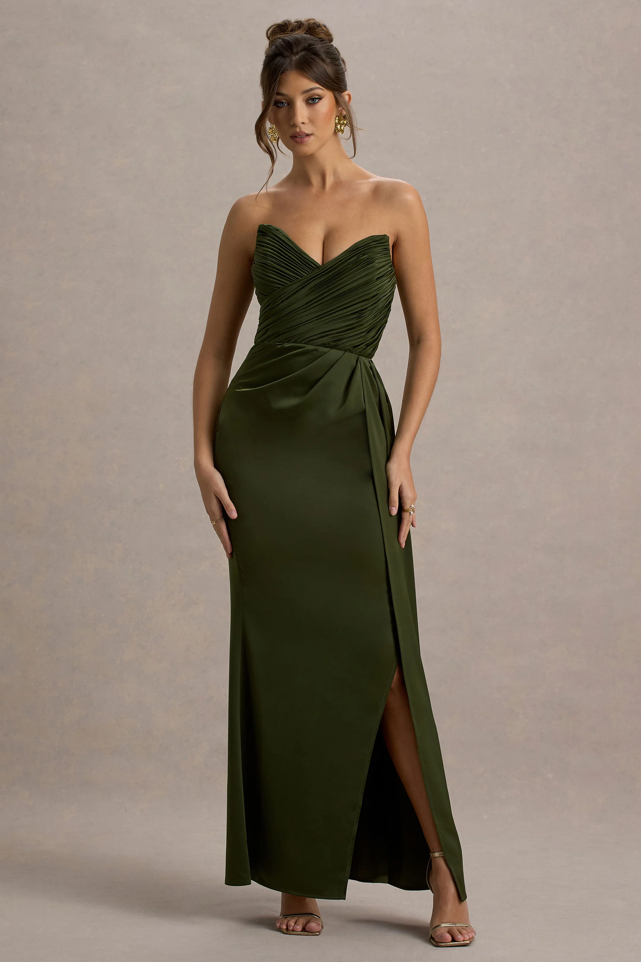 Edel | Olive Satin Strapless Maxi Dress With Drape - Image 4