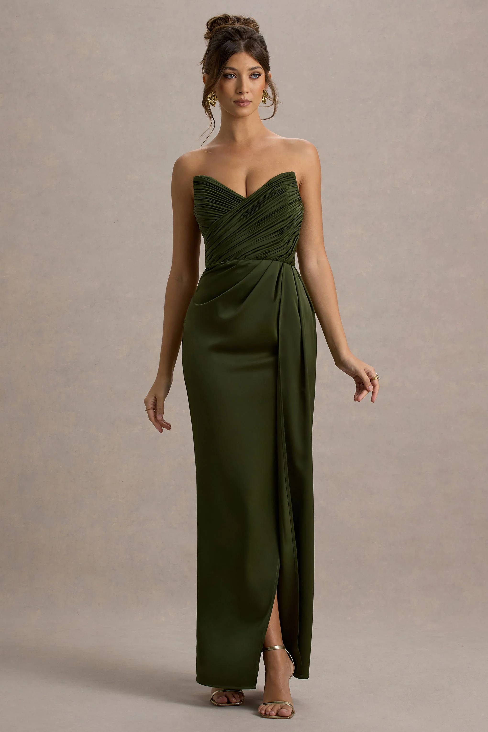 Edel | Olive Satin Strapless Maxi Dress With Drape - Image 5
