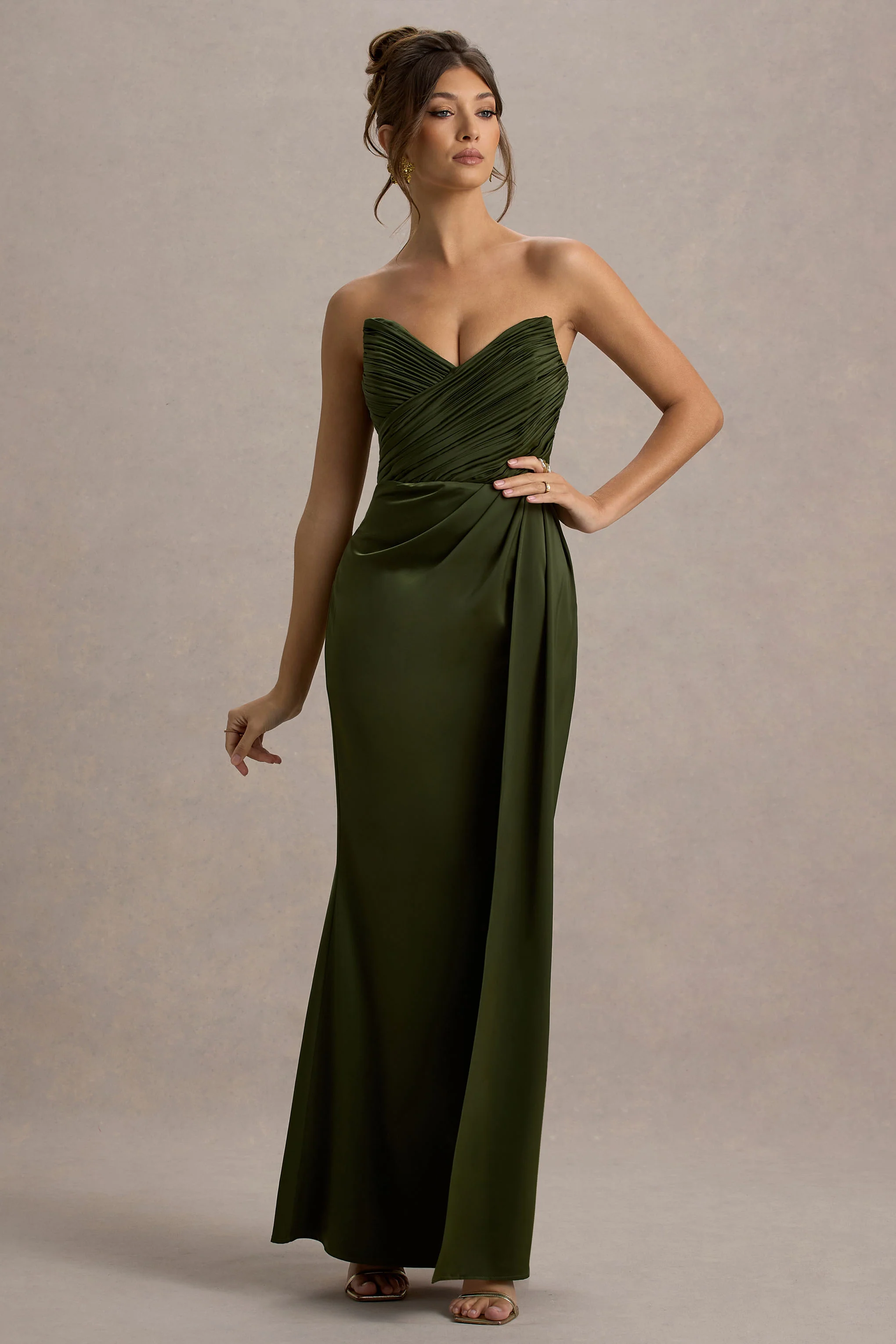 Edel | Olive Satin Strapless Maxi Dress With Drape - Image 6