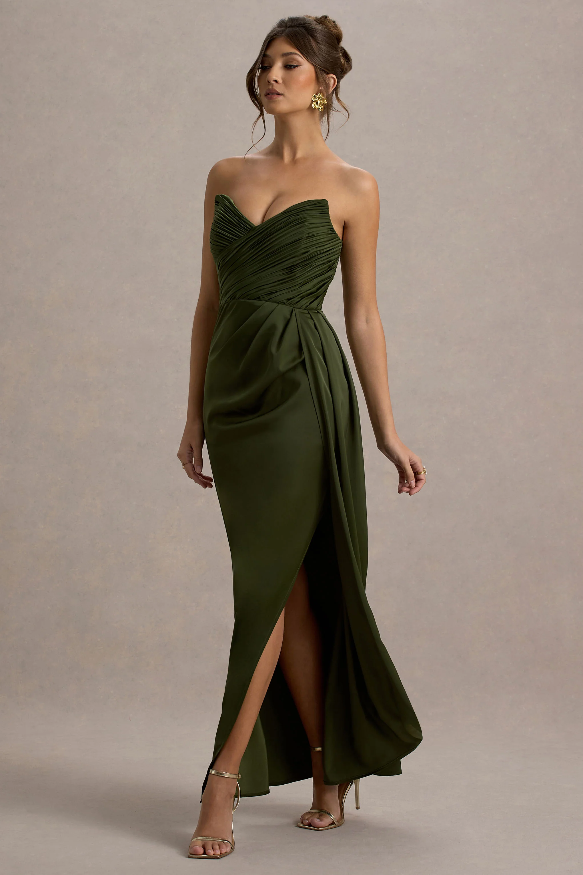 Edel | Olive Satin Strapless Maxi Dress With Drape - Image 7