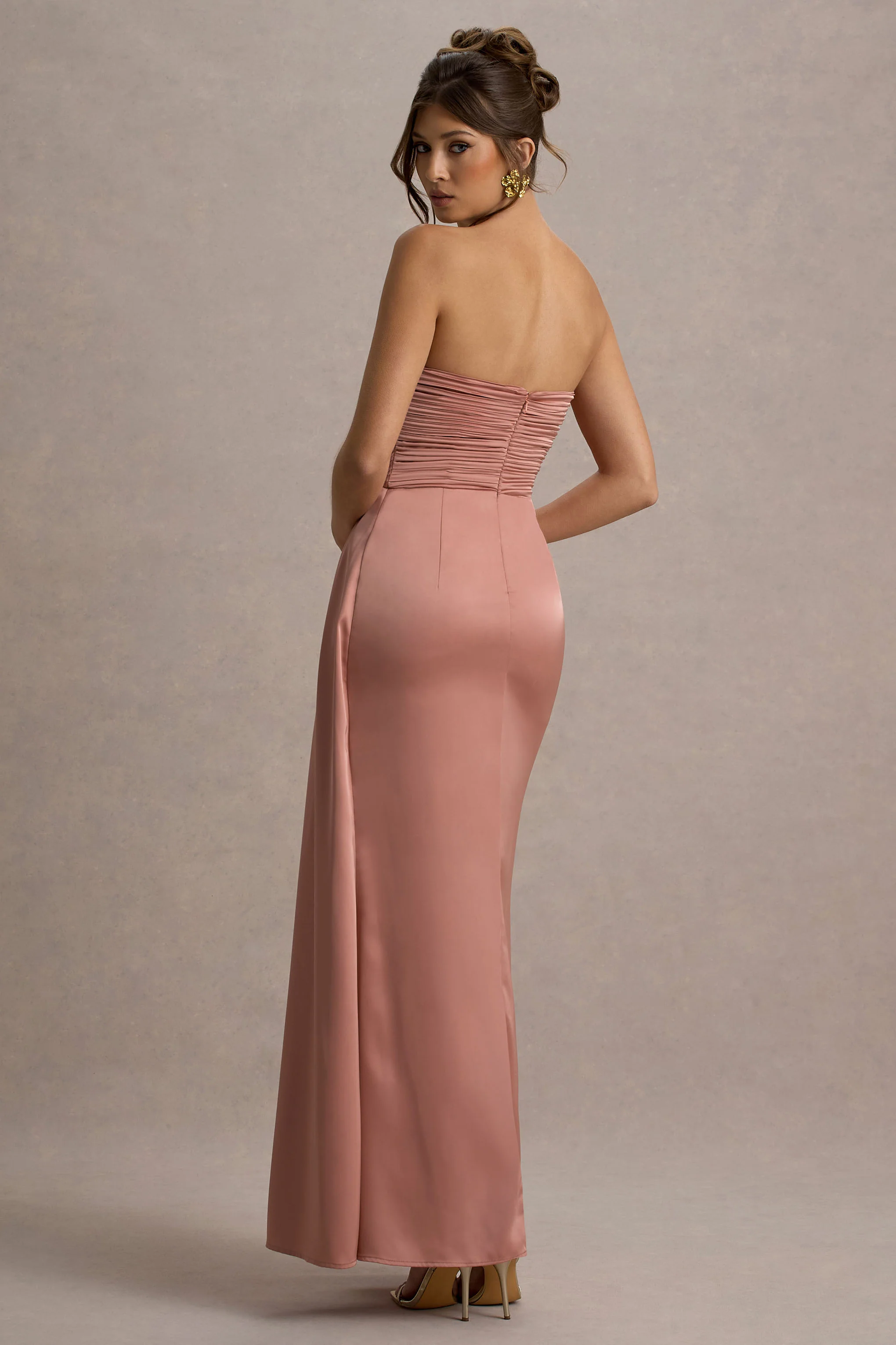 Edel | Pink Satin Strapless Maxi Dress With Drape - Image 2