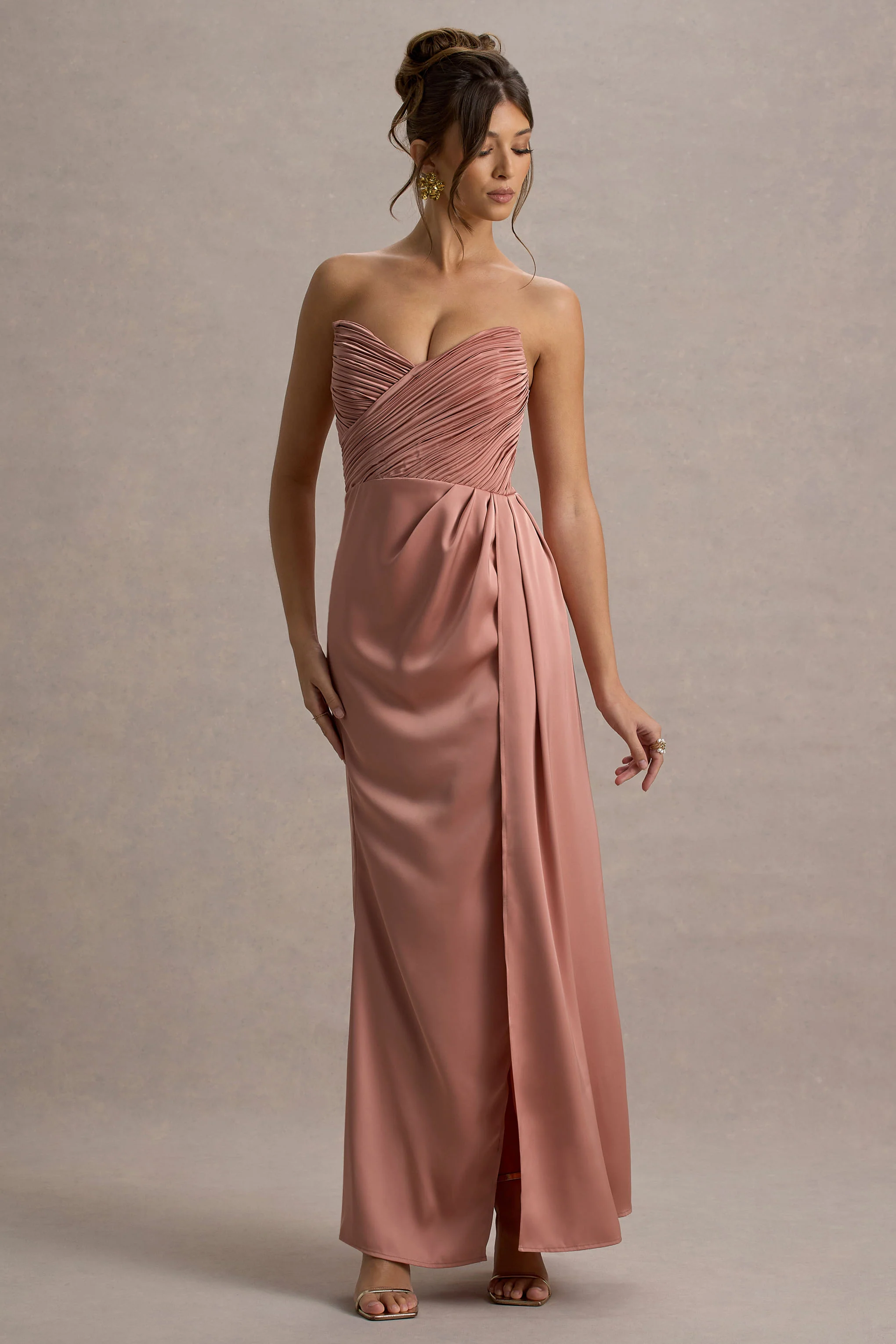 Edel | Pink Satin Strapless Maxi Dress With Drape - Image 4