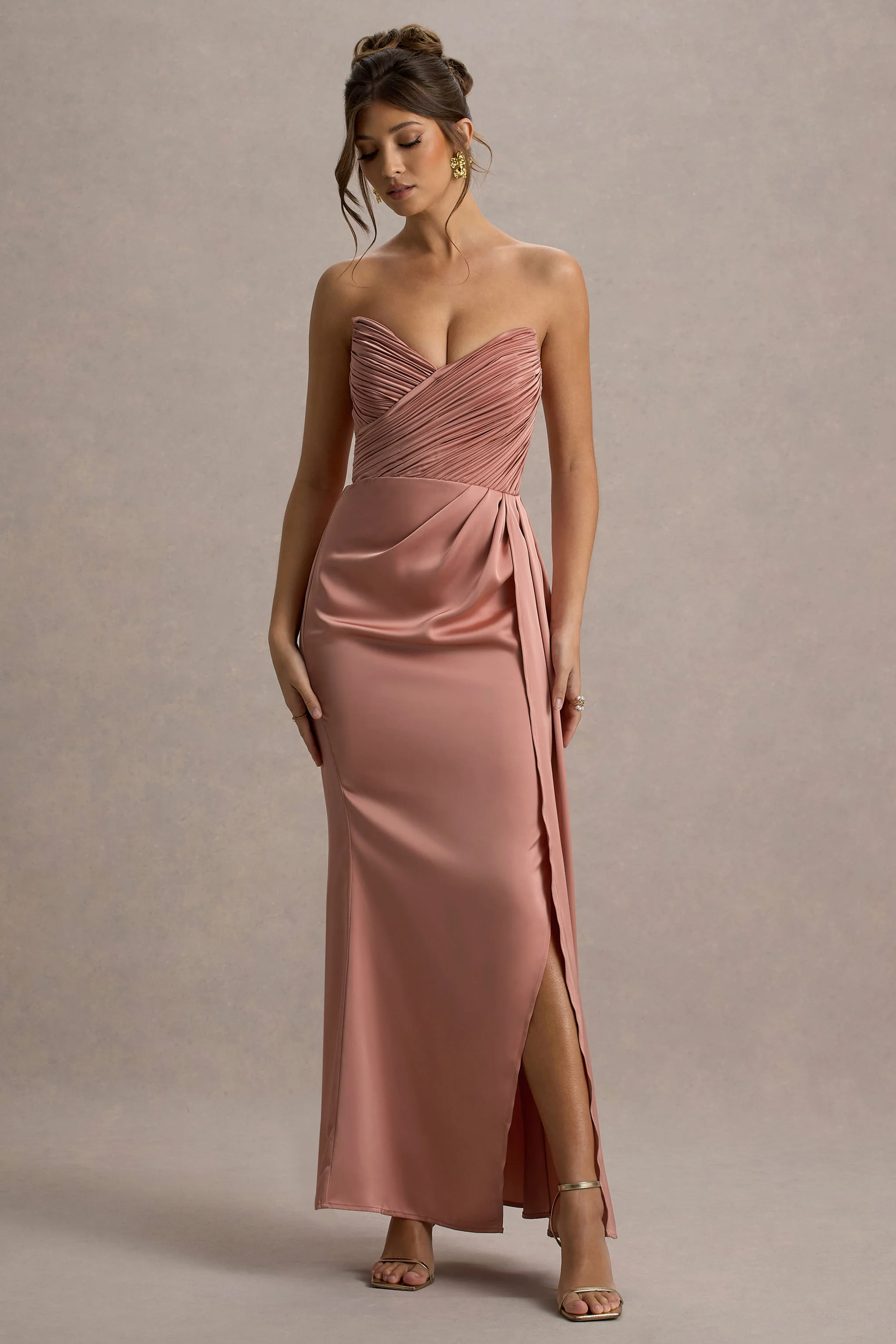 Edel | Pink Satin Strapless Maxi Dress With Drape - Image 5
