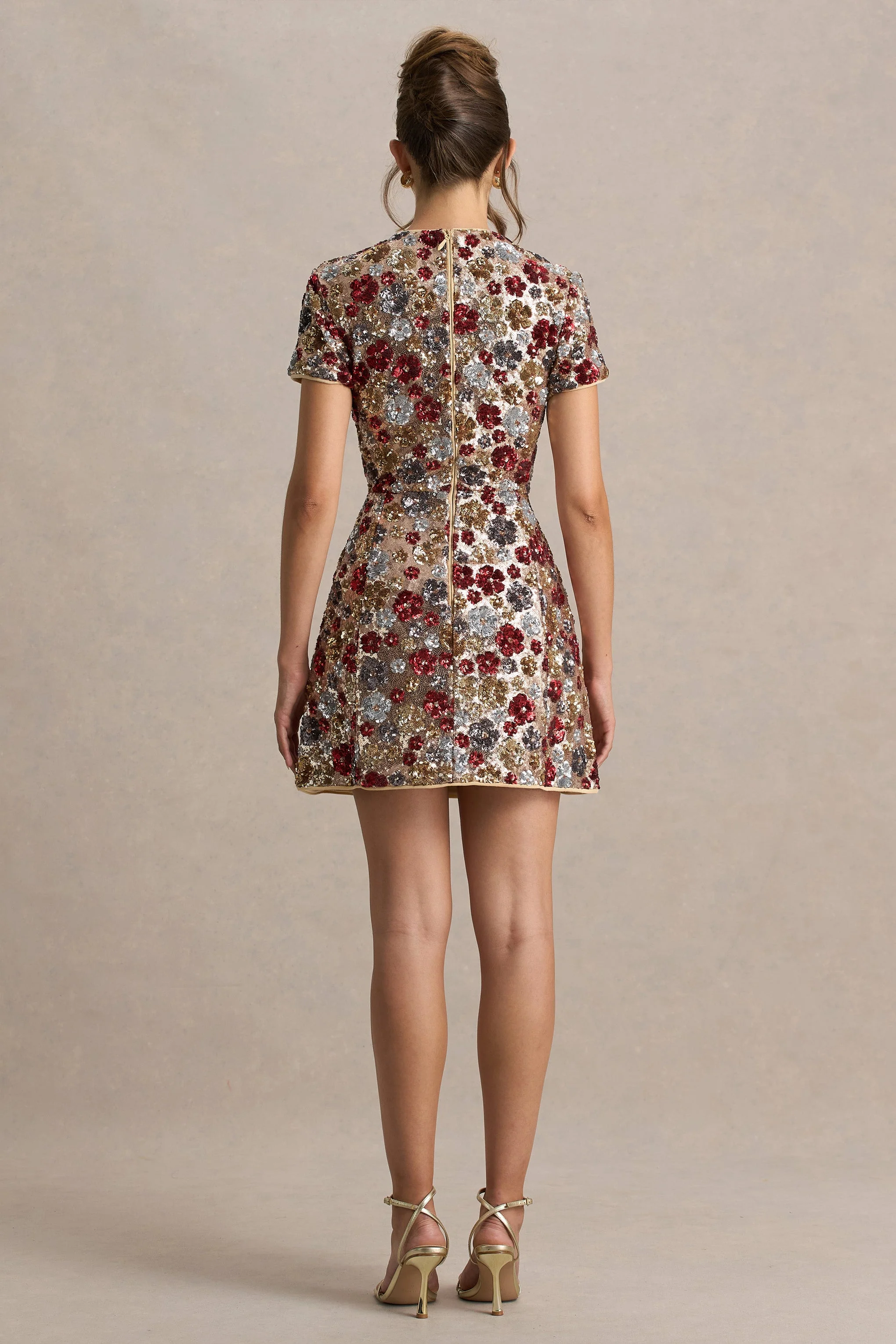 Eira | Red Floral Embellished Sequin Crew-Neck Mini Dress - Image 2