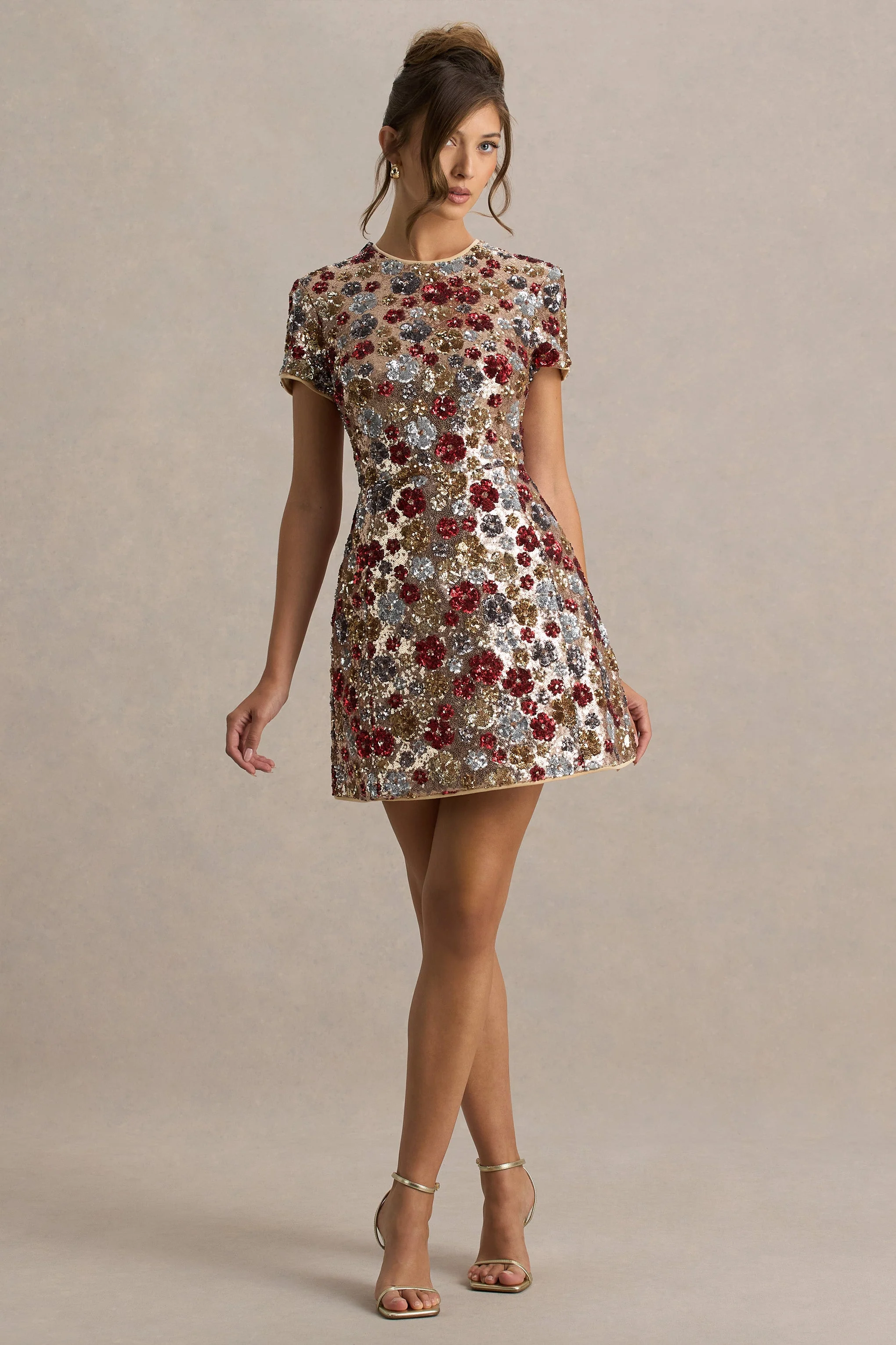 Eira | Red Floral Embellished Sequin Crew-Neck Mini Dress - Image 4