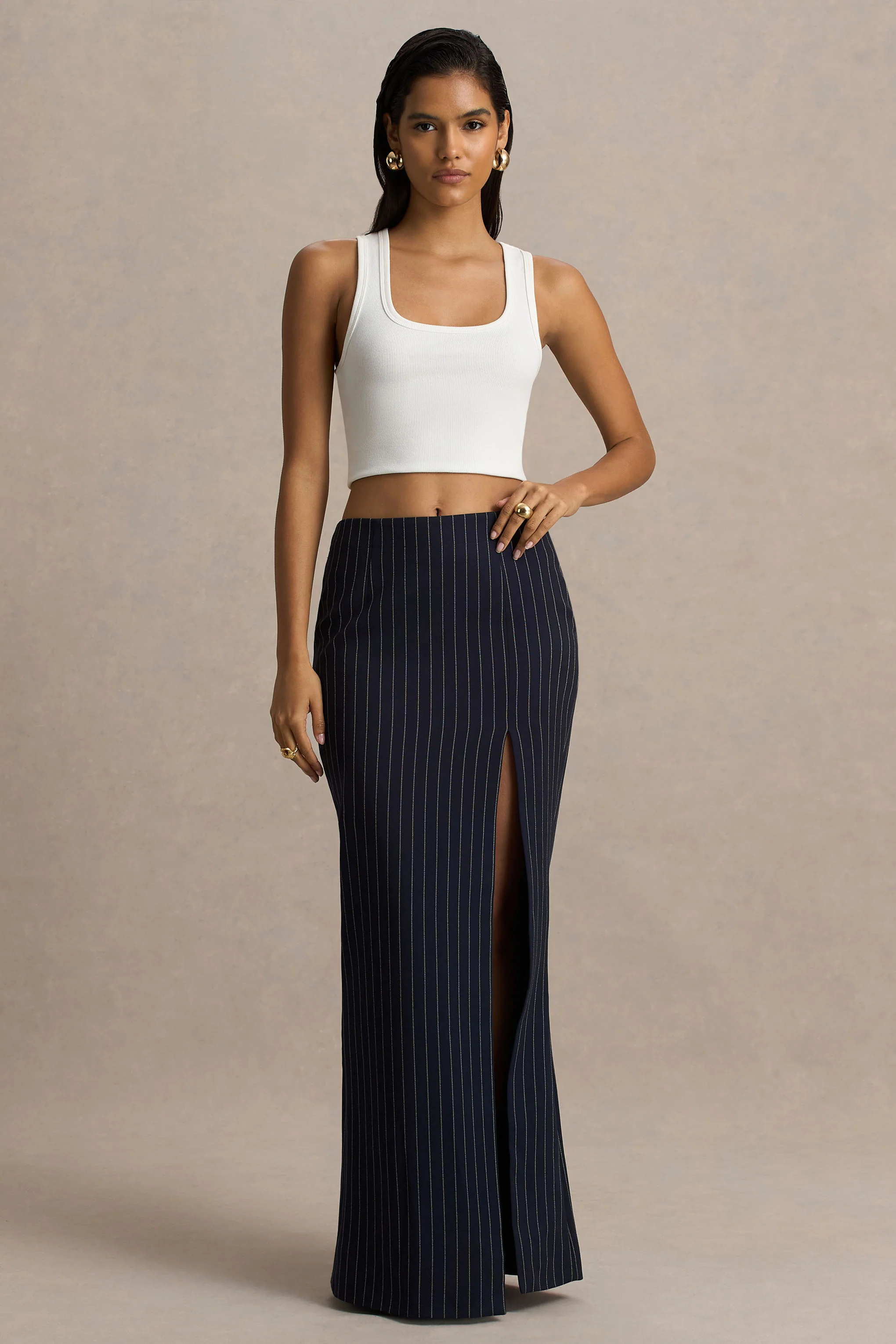 Elana | Navy Pinstripe Maxi Skirt With Front-High Split - Image 2