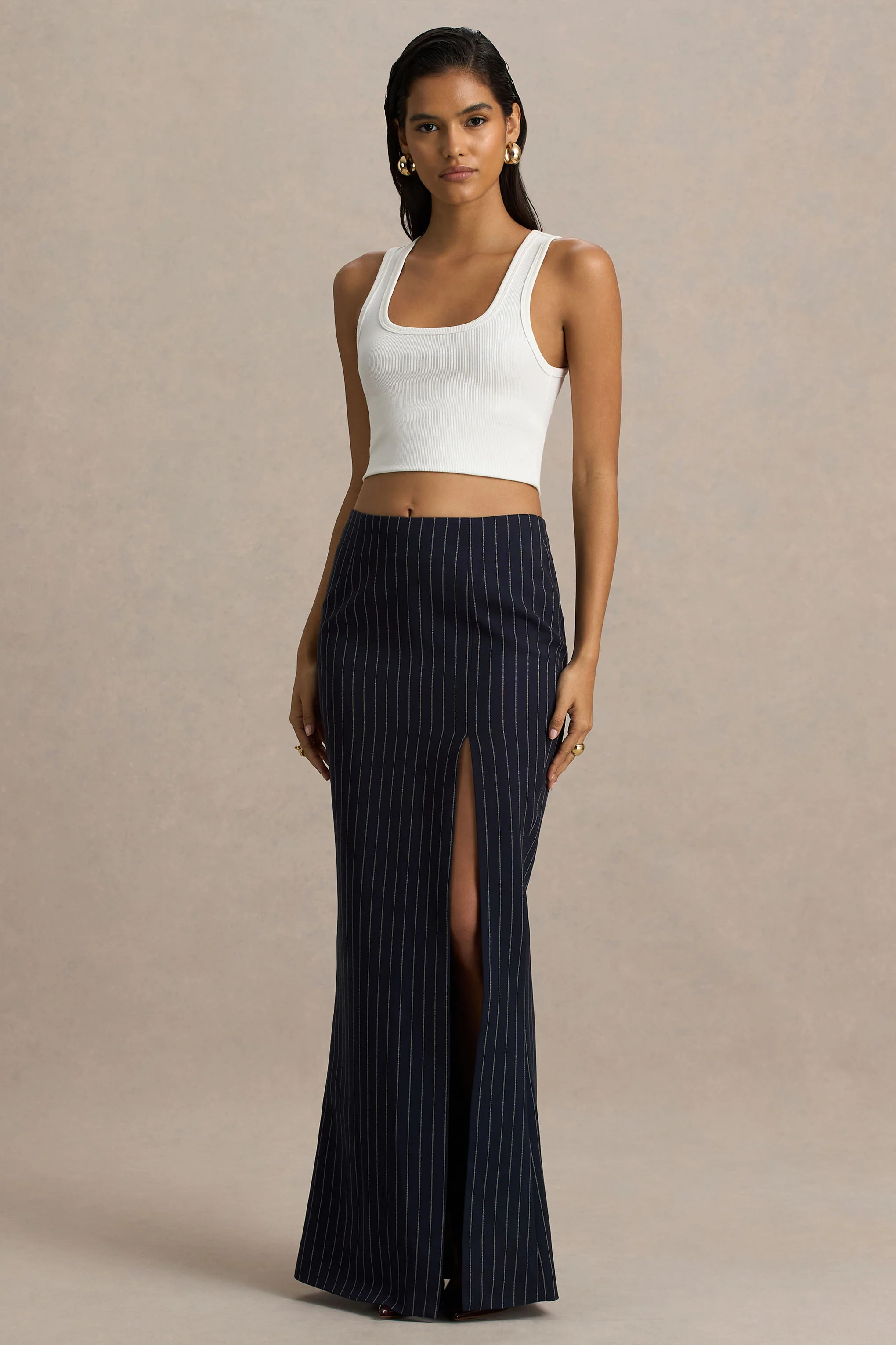 Elana | Navy Pinstripe Maxi Skirt With Front-High Split - Image 6