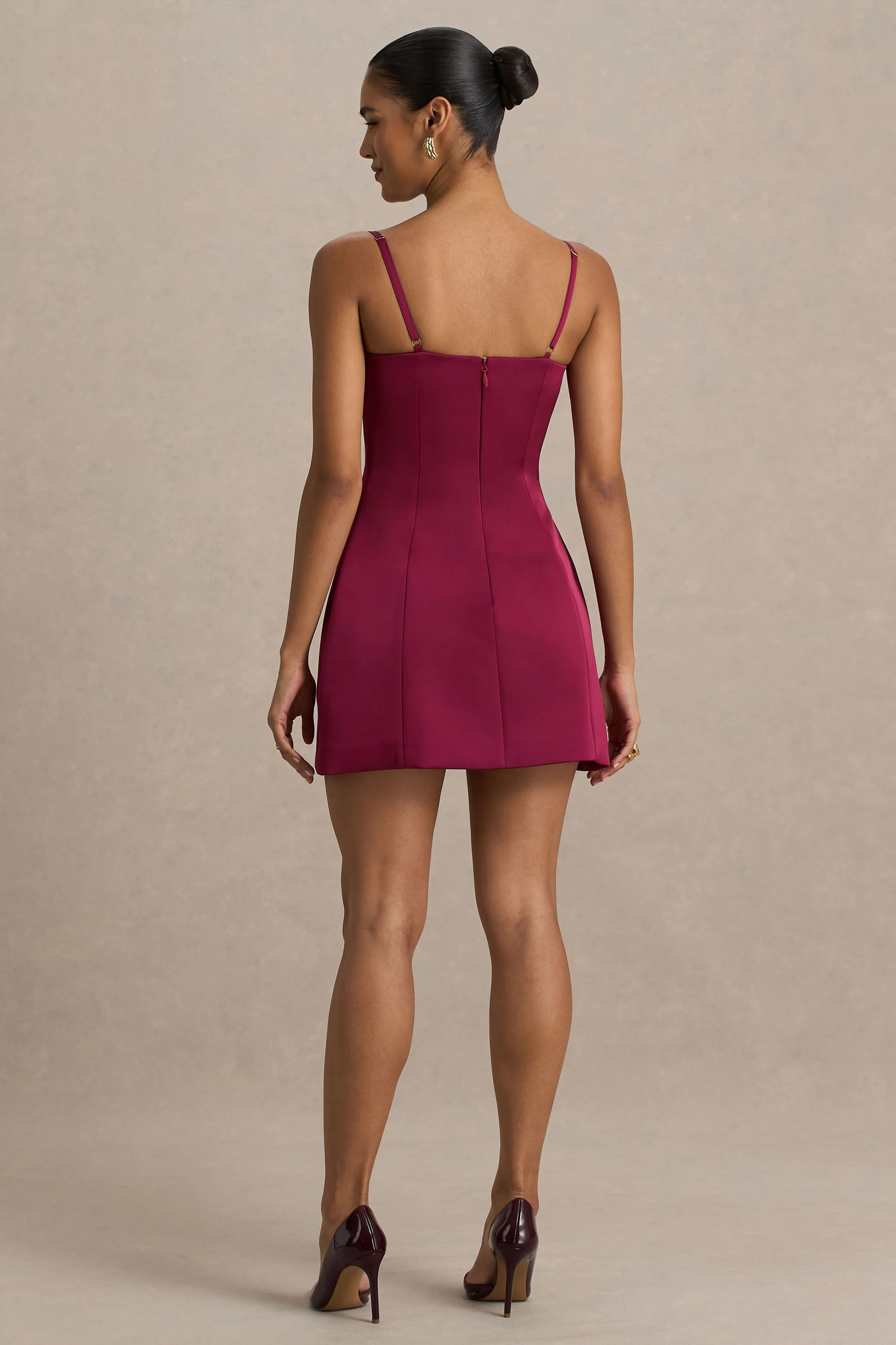 Elara | Burgundy Satin Plunge-Neck Mini Dress - Image 2