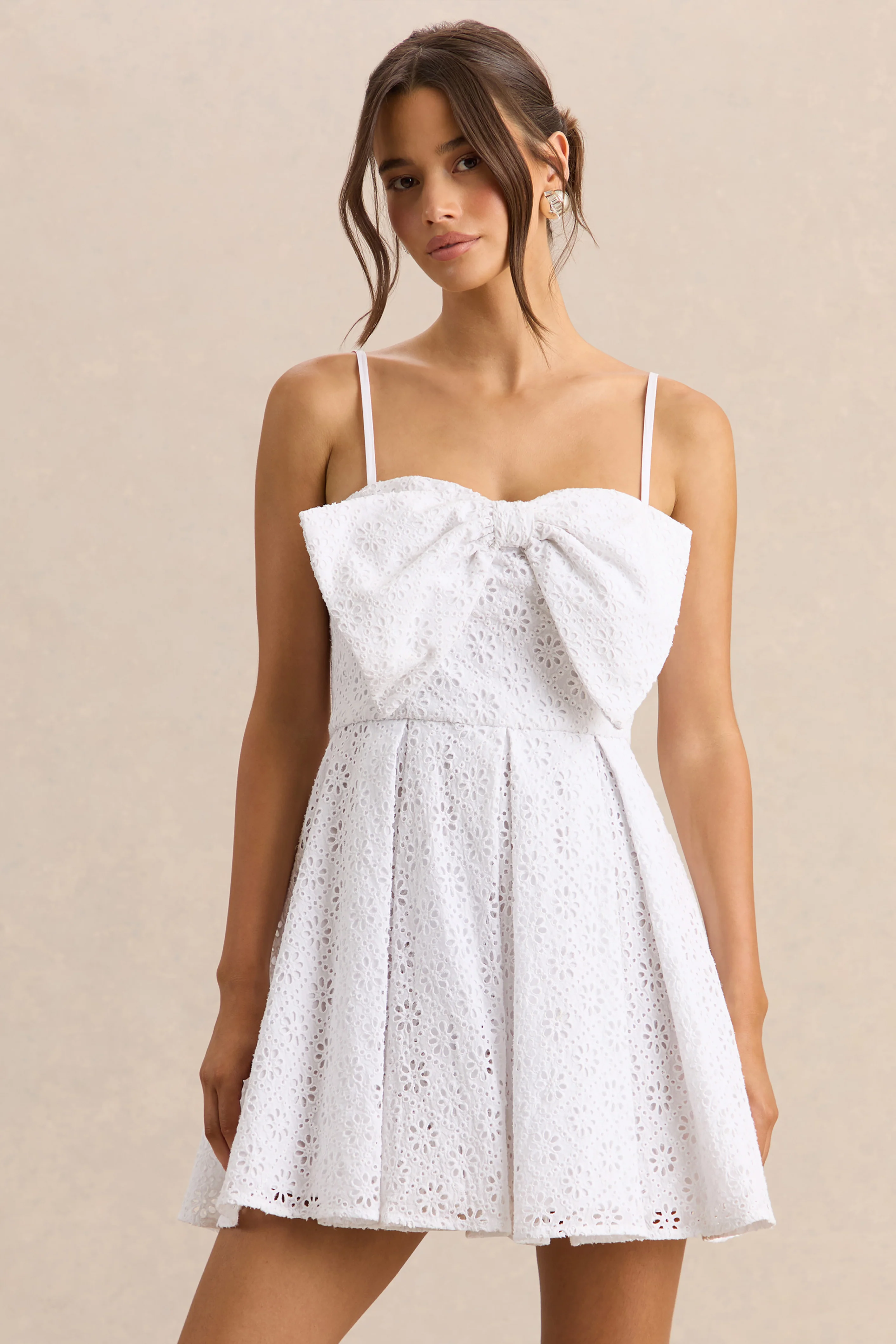 Elina | White Square-Neck Mini Dress With Bow Detail - Image 3