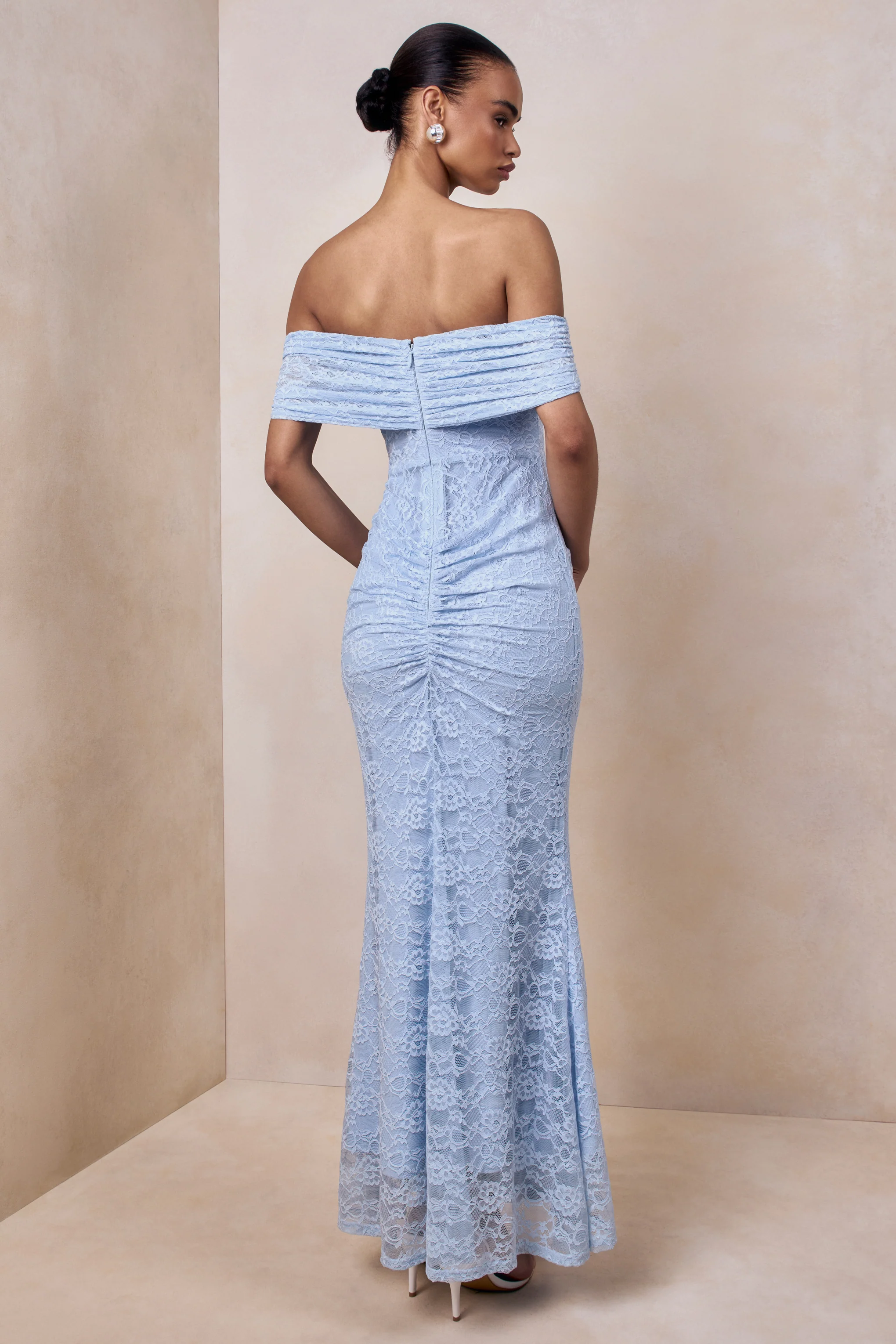 Elinor | Powder Blue Lace Bardot-Neck Maxi Dress With Gathered-Detailing - Image 2