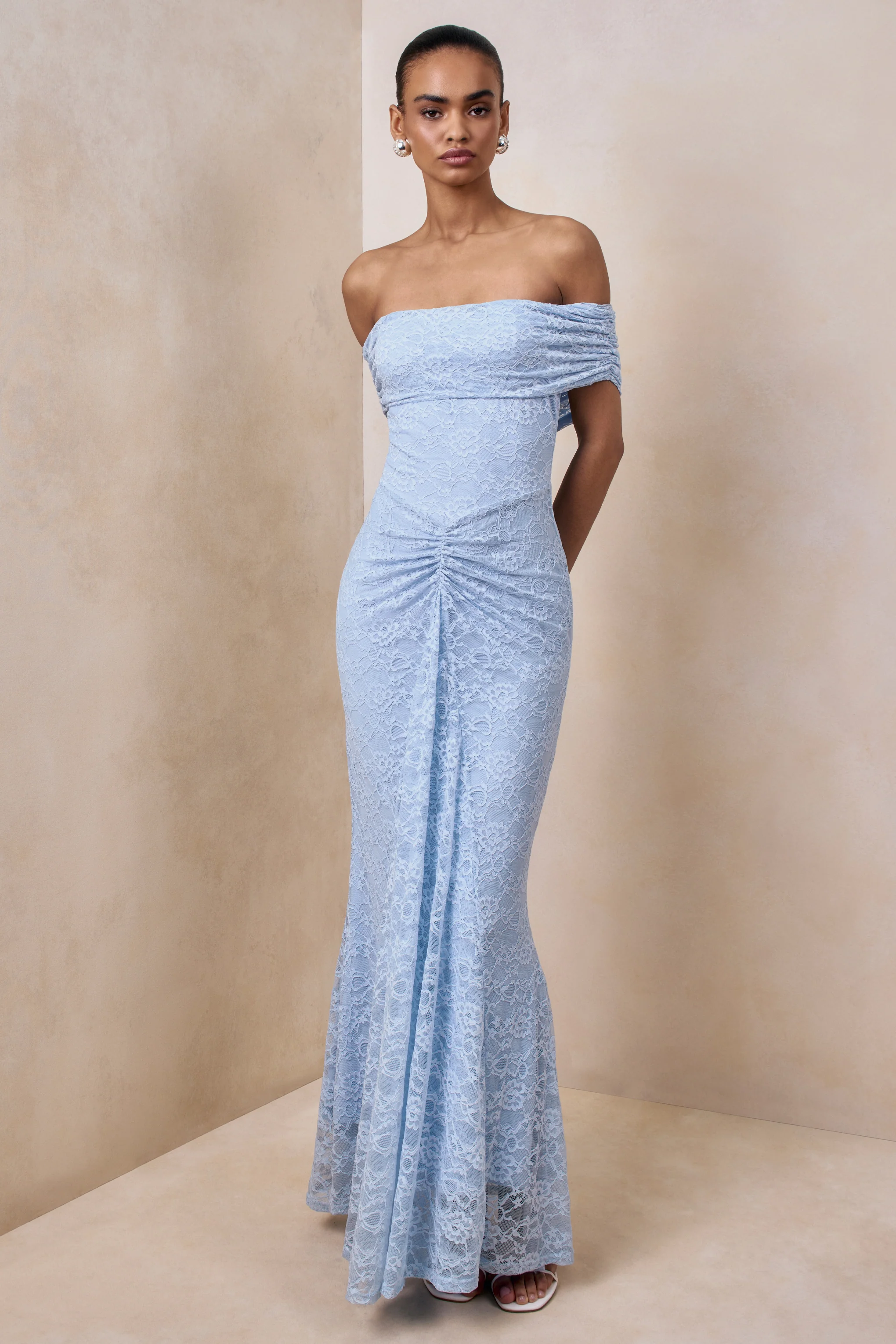 Elinor | Powder Blue Lace Bardot-Neck Maxi Dress With Gathered-Detailing - Image 4