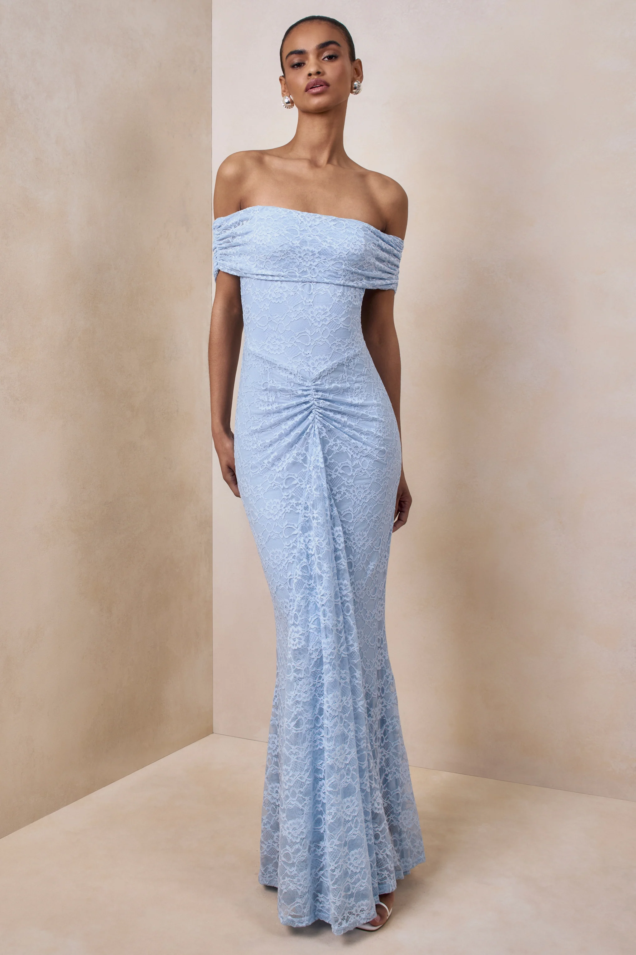 Elinor | Powder Blue Lace Bardot-Neck Maxi Dress With Gathered-Detailing - Image 6