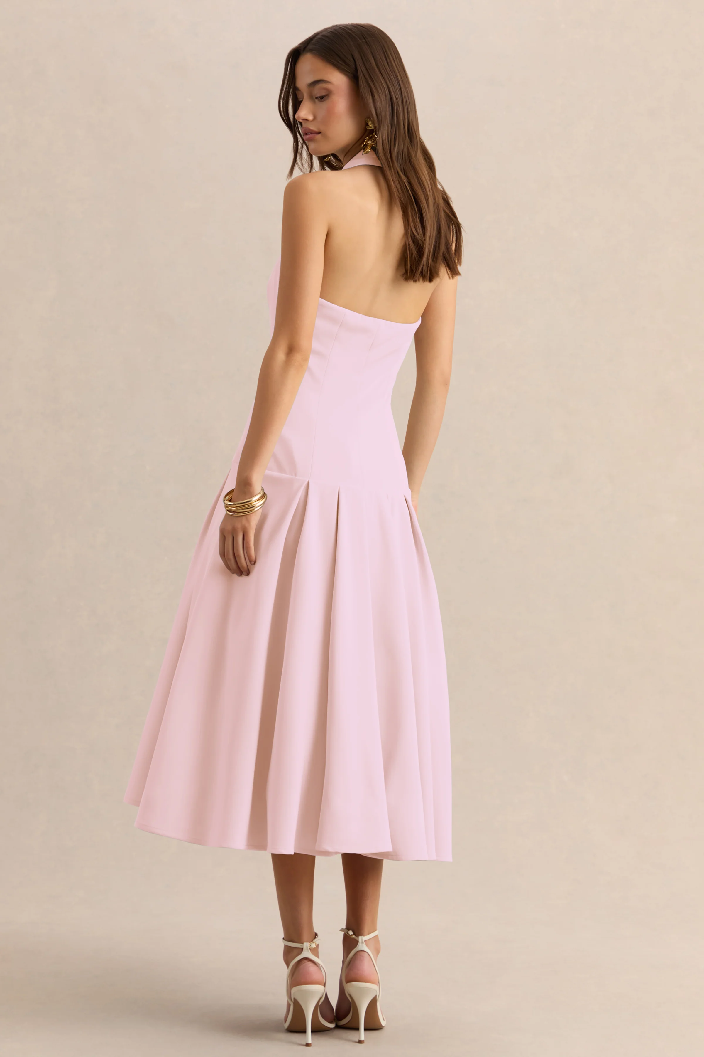 Elise | Light Pink Plunge-Neck Midi Dress With Drop-Waist - Image 2