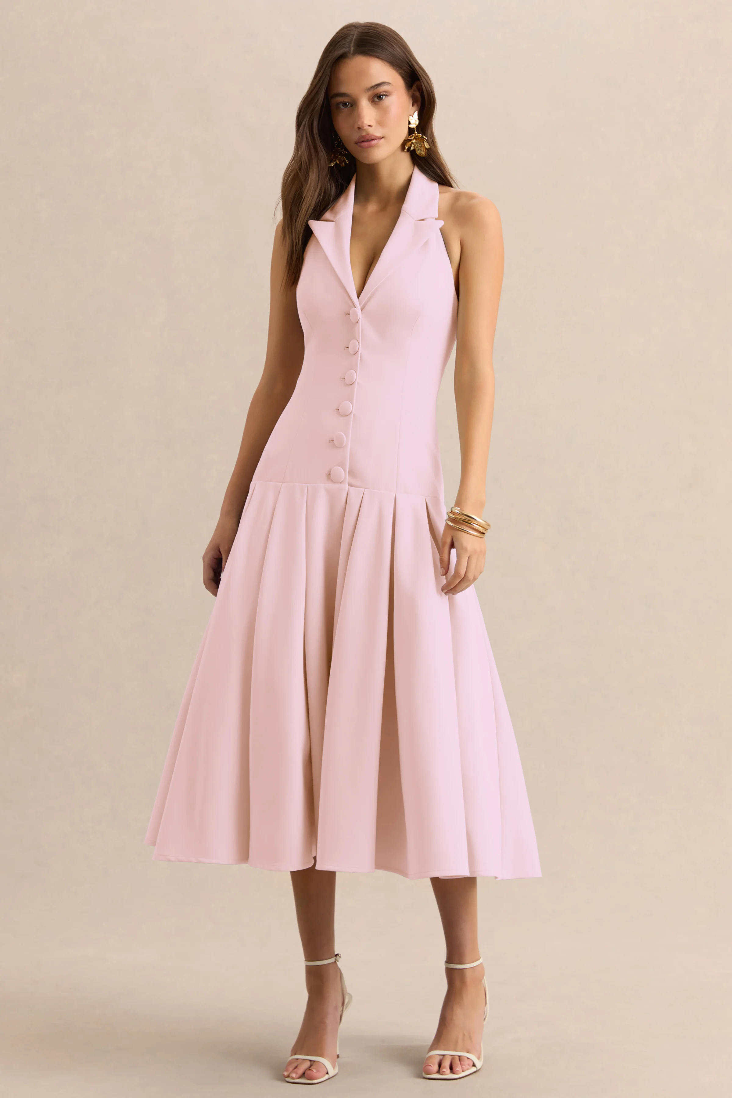 Elise | Light Pink Plunge-Neck Midi Dress With Drop-Waist - Image 4