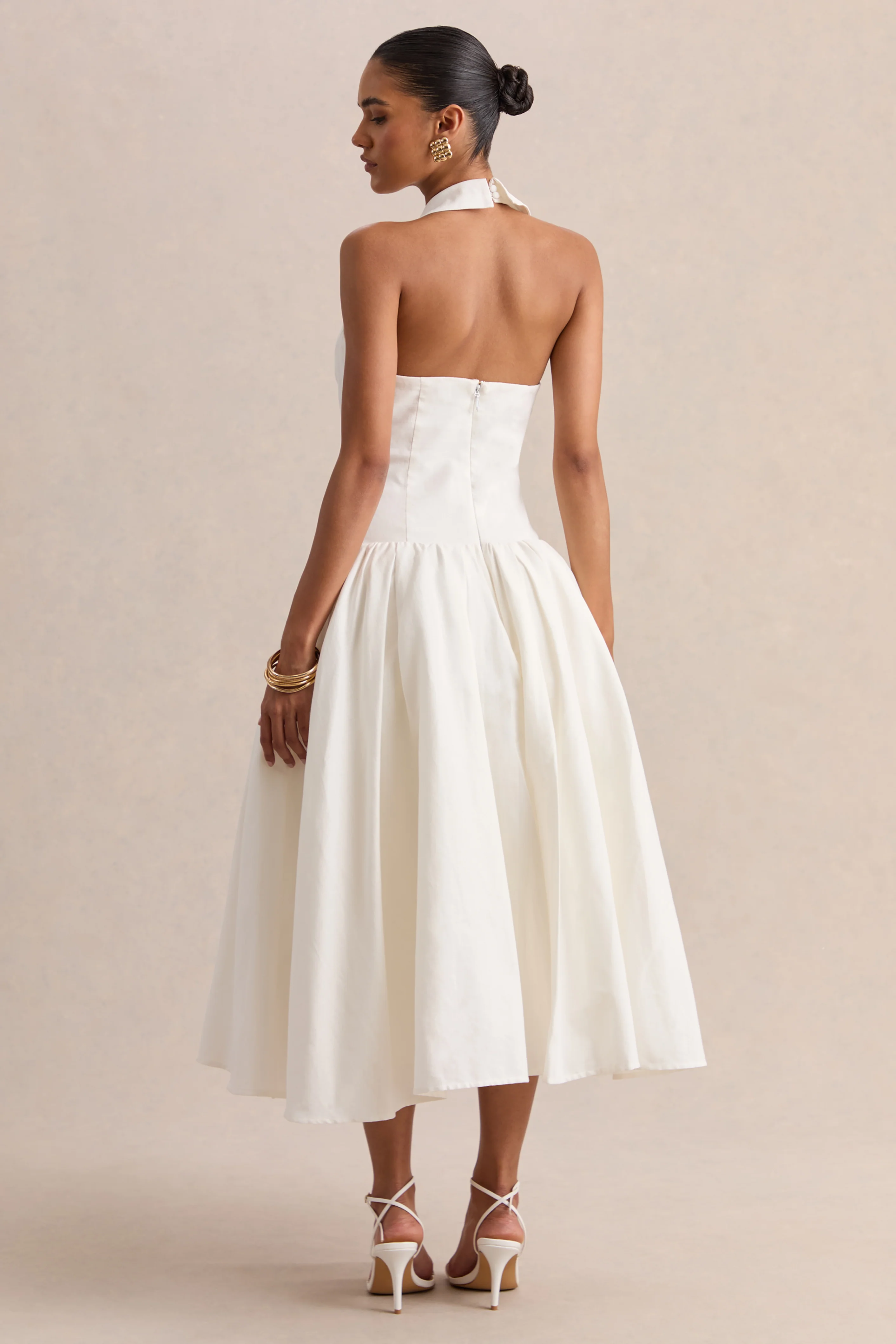 Ella | White Plunge-Neck Midi Dress With Drop-Waist - Image 2