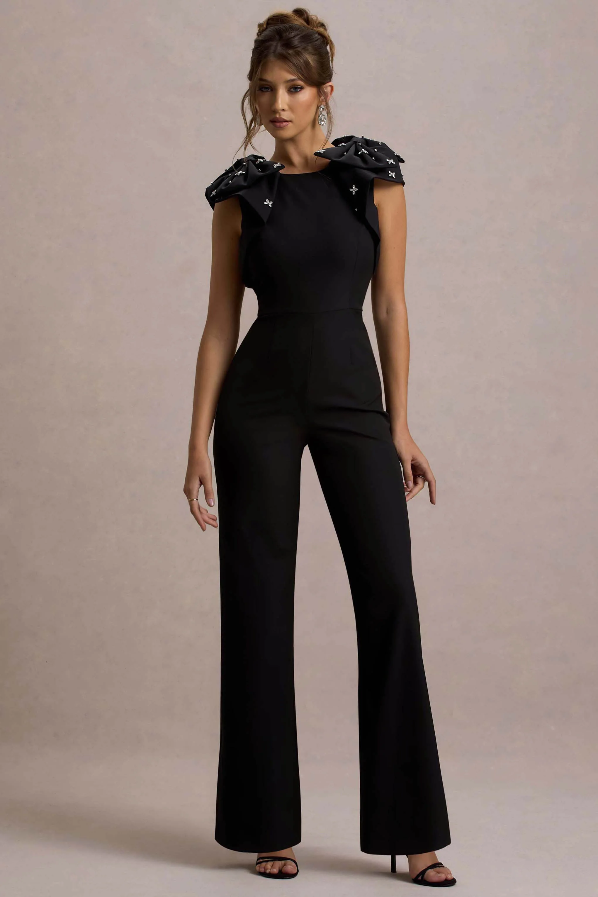 Elma | Black Straight-Leg Jumpsuit With Embellished Bows - Image 5