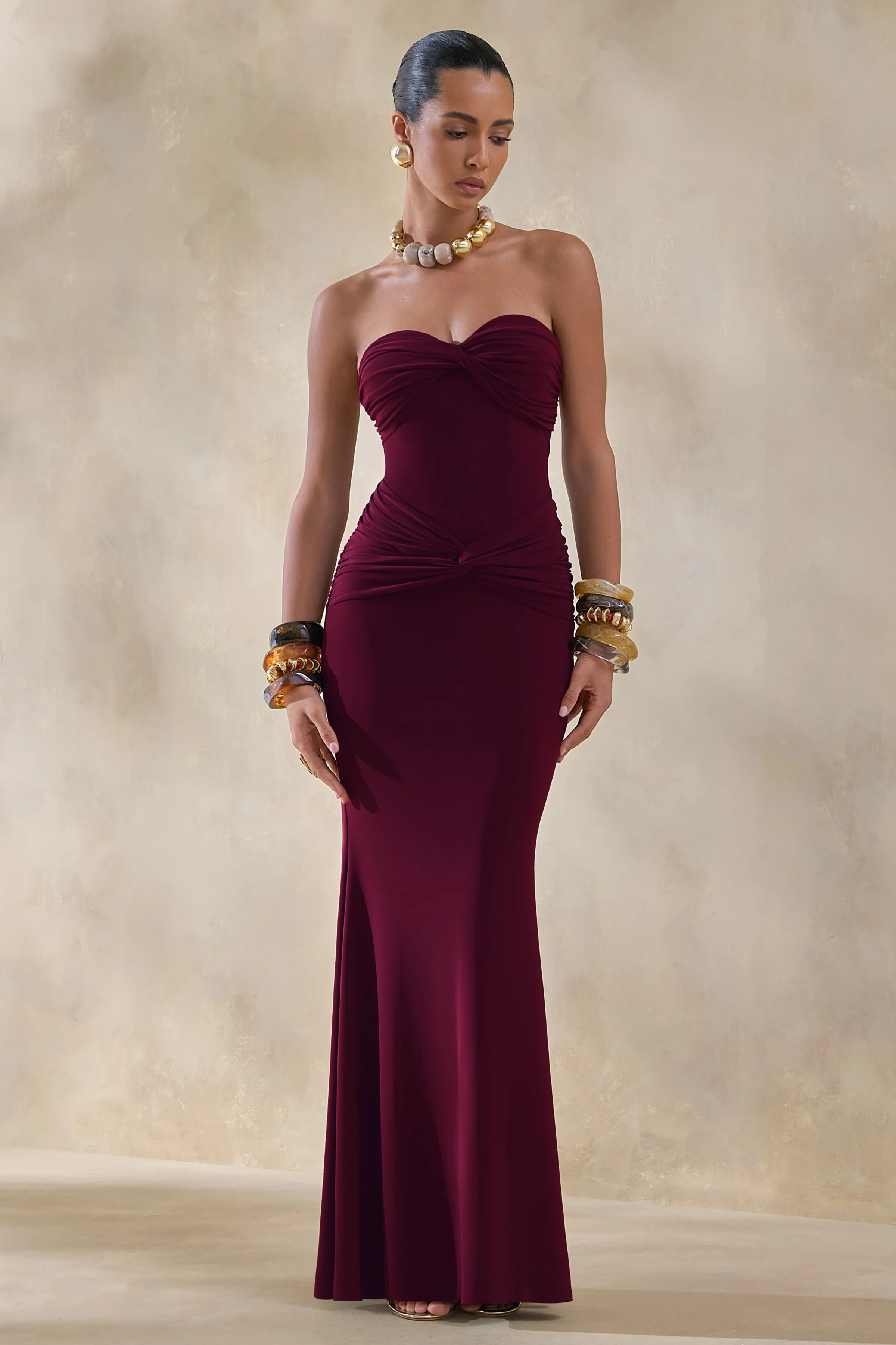 Elodia | Burgundy Bandeau Maxi Dress With Gathered-Detailing - Image 4