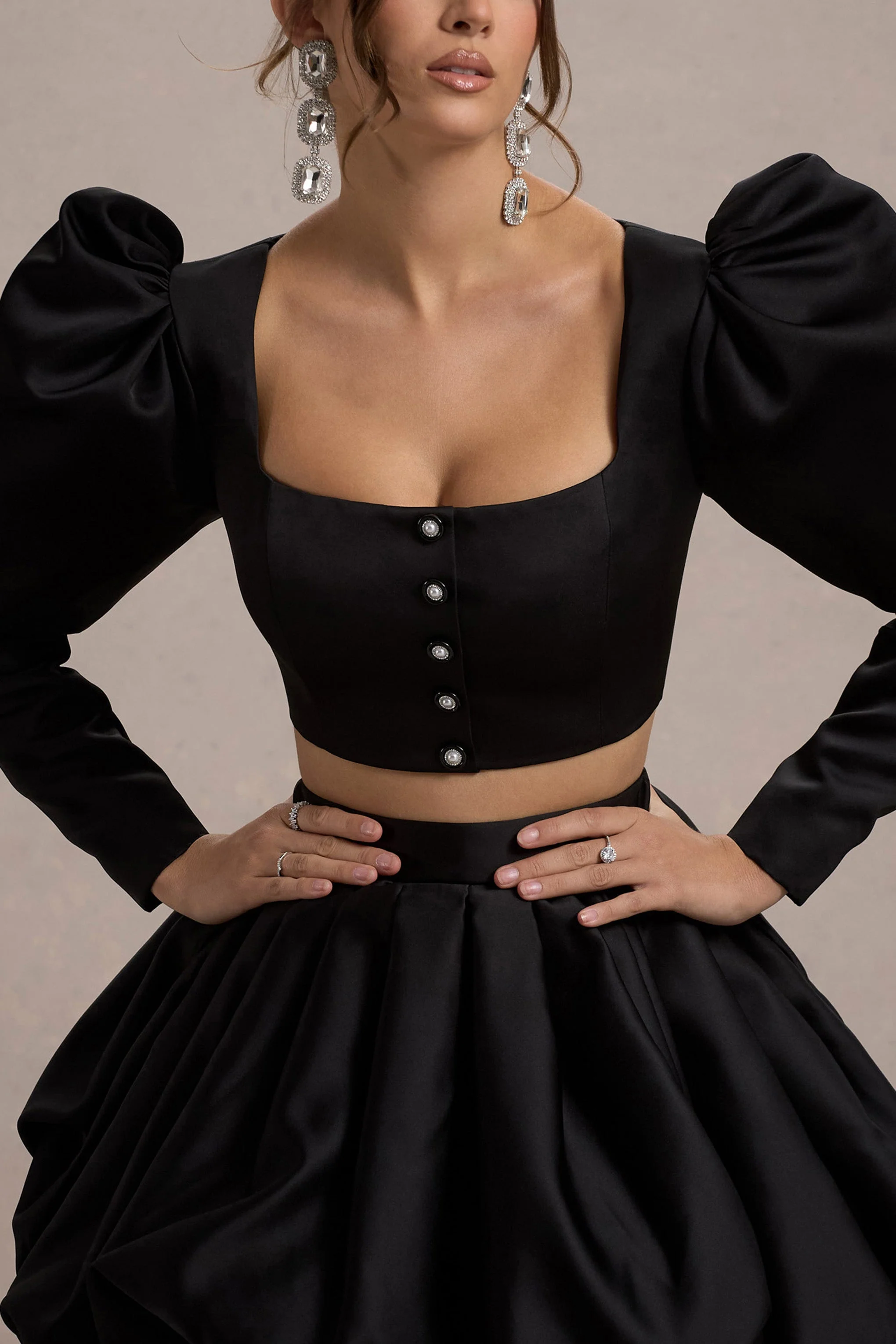 Eloisa | Black Satin Puff-Sleeve Cropped Jacket - Image 3