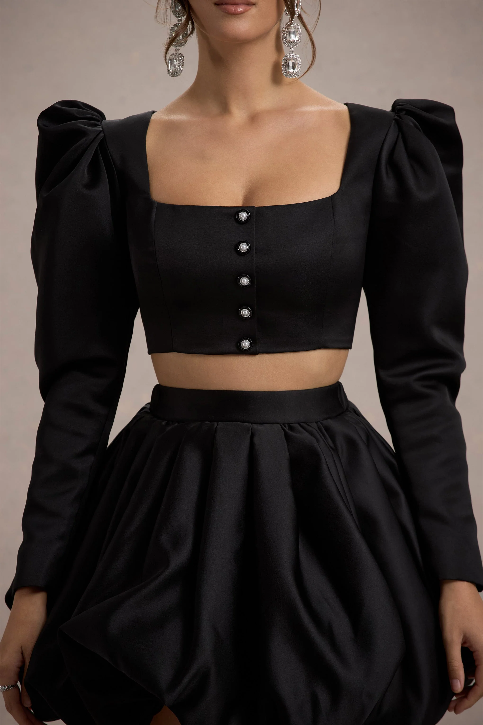 Eloisa | Black Satin Puff-Sleeve Cropped Jacket - Image 7