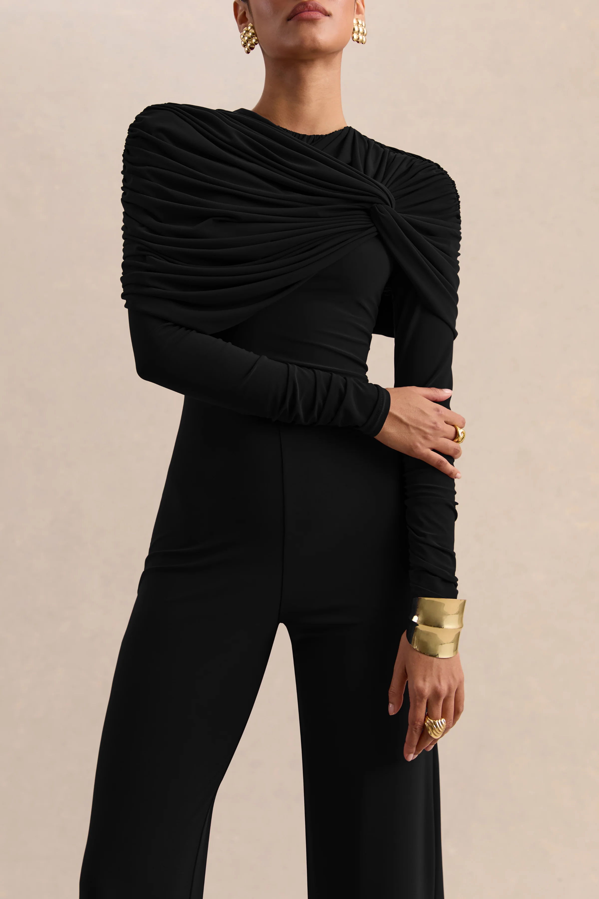 Eloura | Black High-Neck Jumpsuit With Twist-Gathered Detail - Image 3