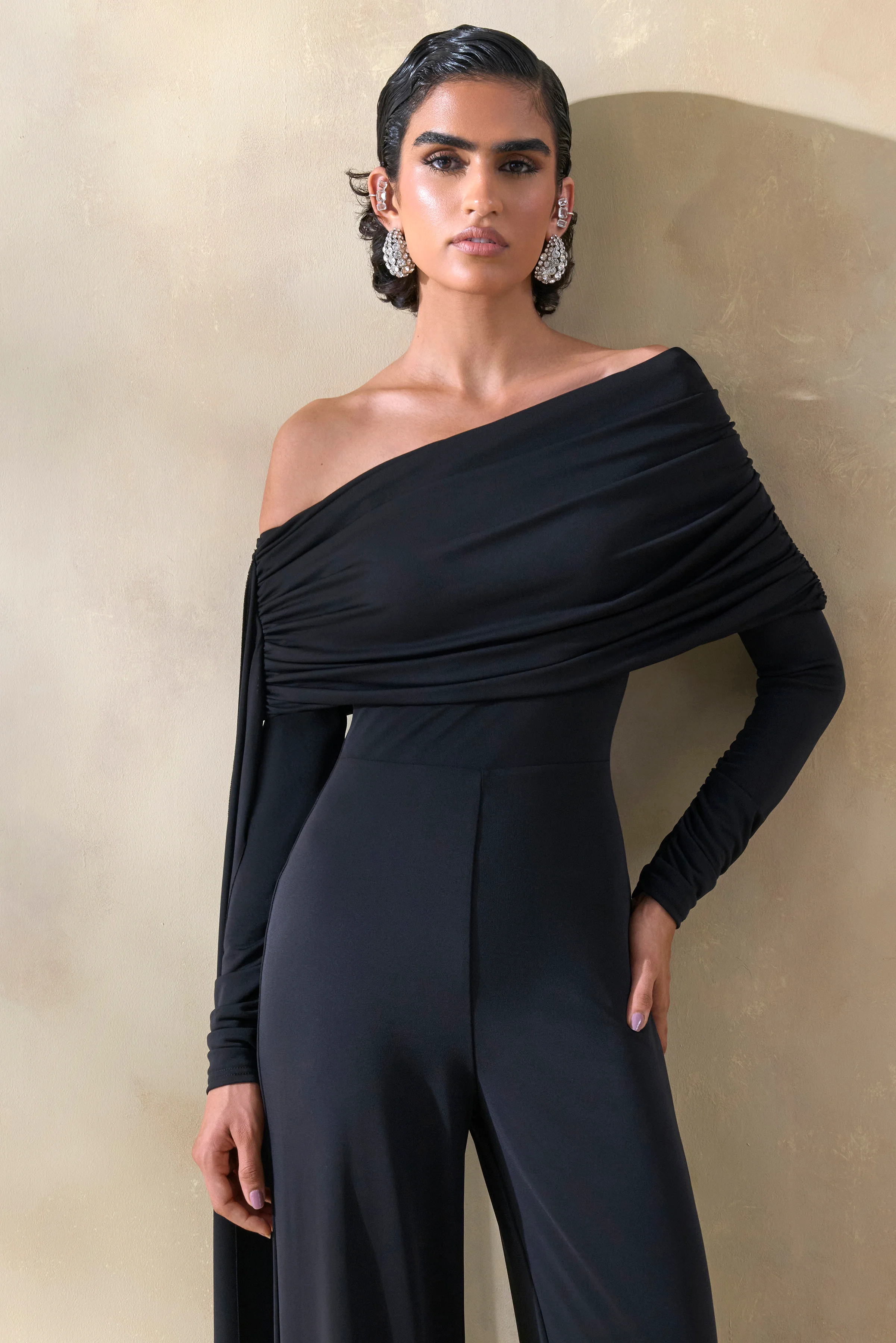 Elova | Black Bardot-Neck Jumpsuit With Sash - Image 3